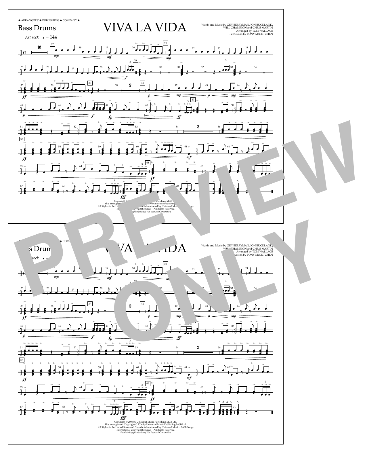 Download Tom Wallace Viva La Vida - Bass Drums Sheet Music and learn how to play Marching Band PDF digital score in minutes