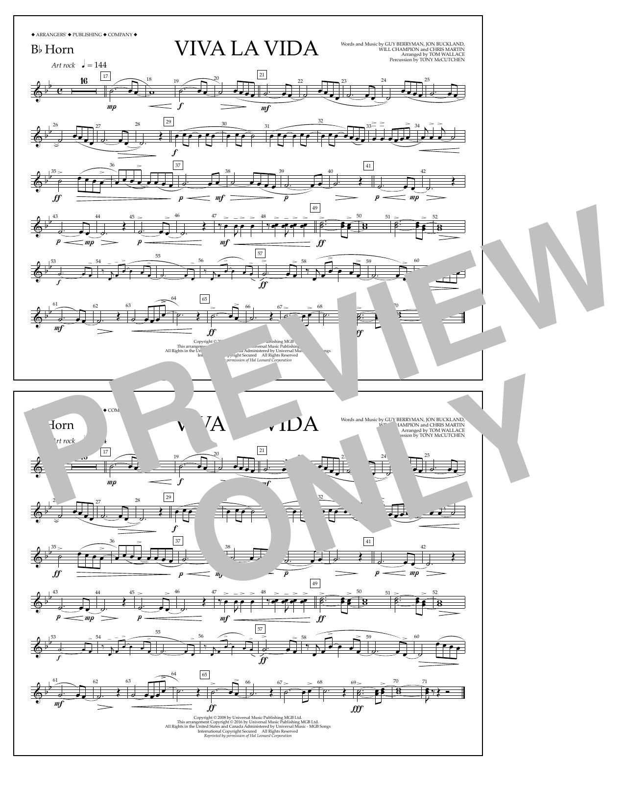 Download Tom Wallace Viva La Vida - Bb Horn Sheet Music and learn how to play Marching Band PDF digital score in minutes