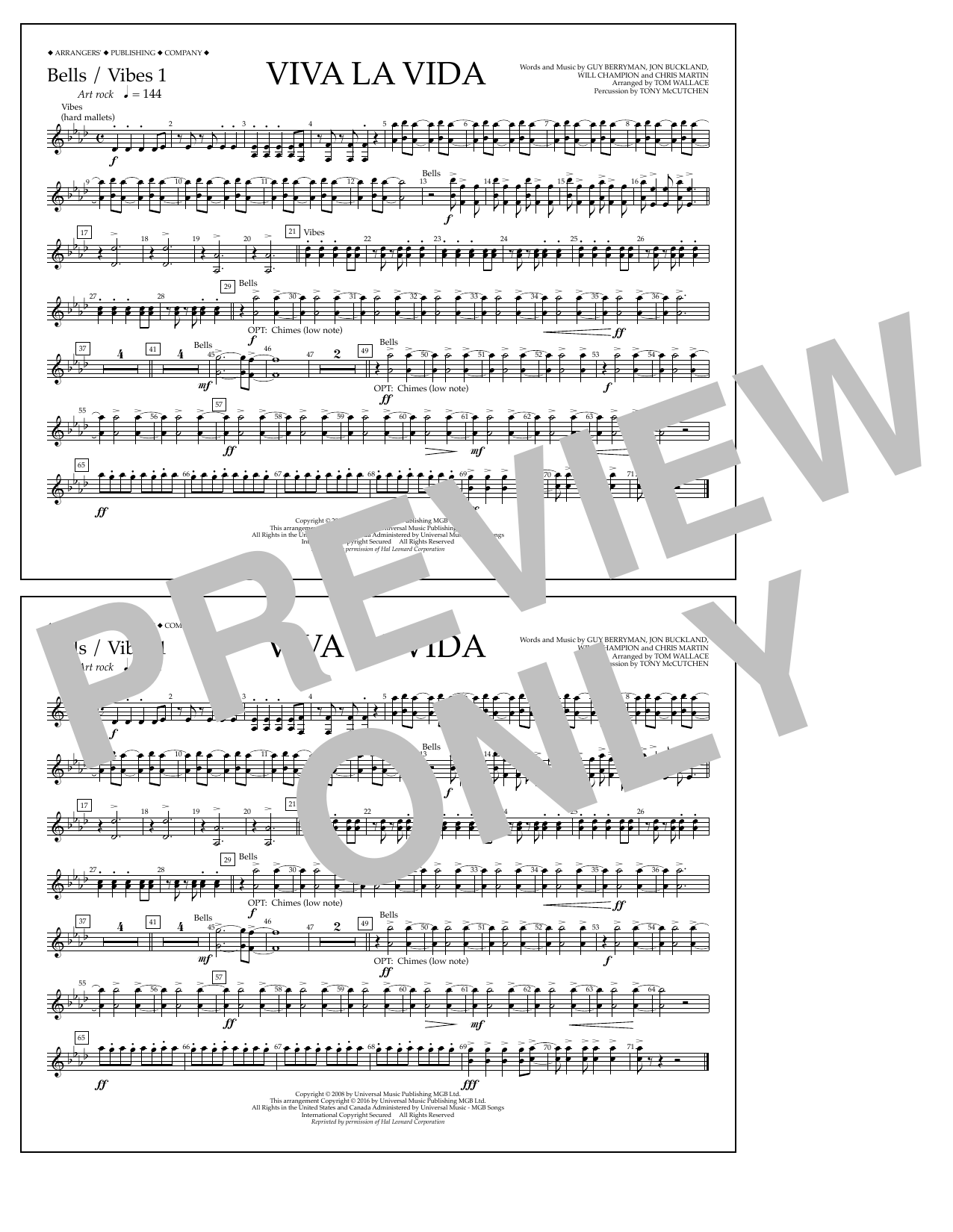 Download Tom Wallace Viva La Vida - Bells/Vibes 1 Sheet Music and learn how to play Marching Band PDF digital score in minutes