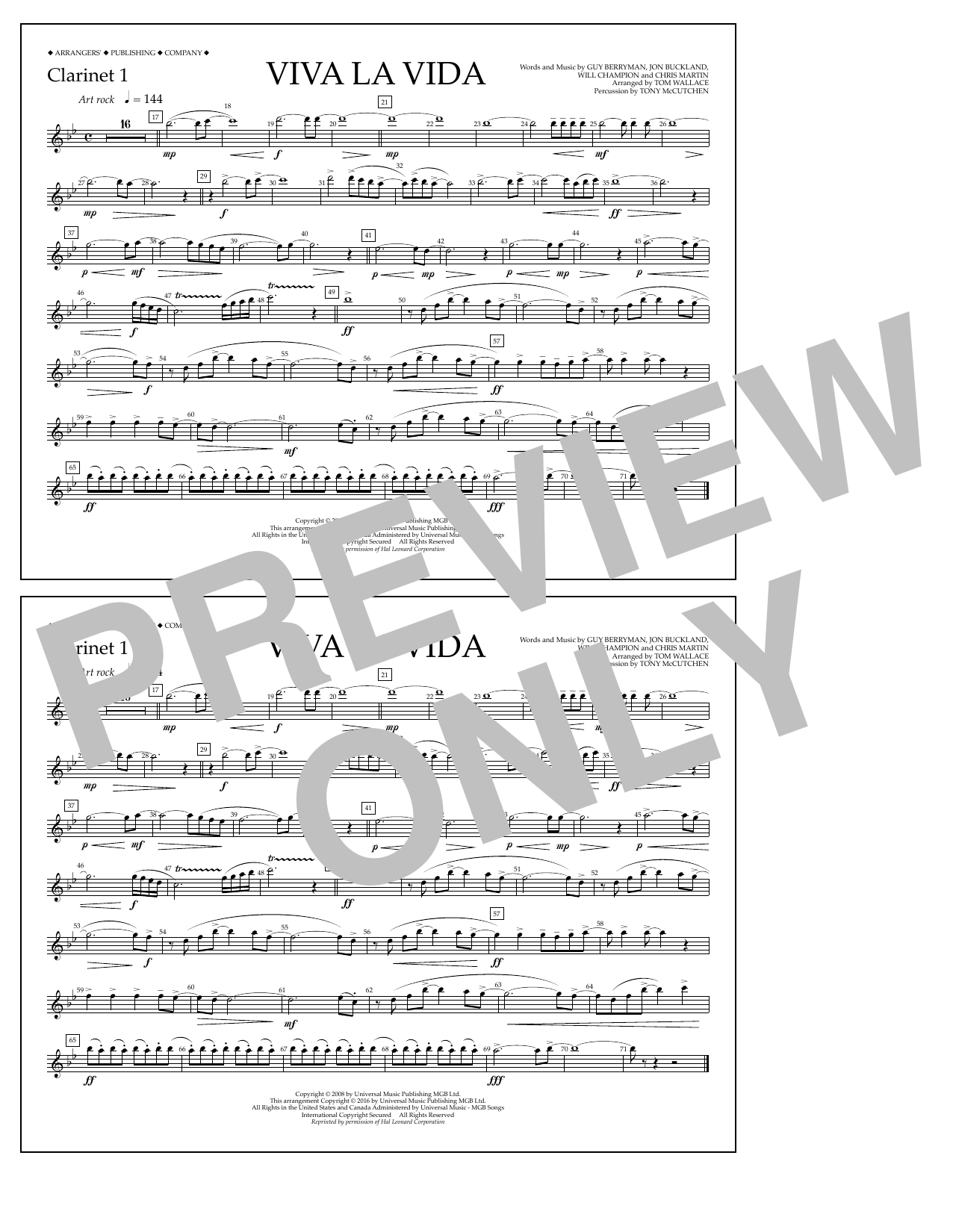 Download Tom Wallace Viva La Vida - Clarinet 1 Sheet Music and learn how to play Marching Band PDF digital score in minutes