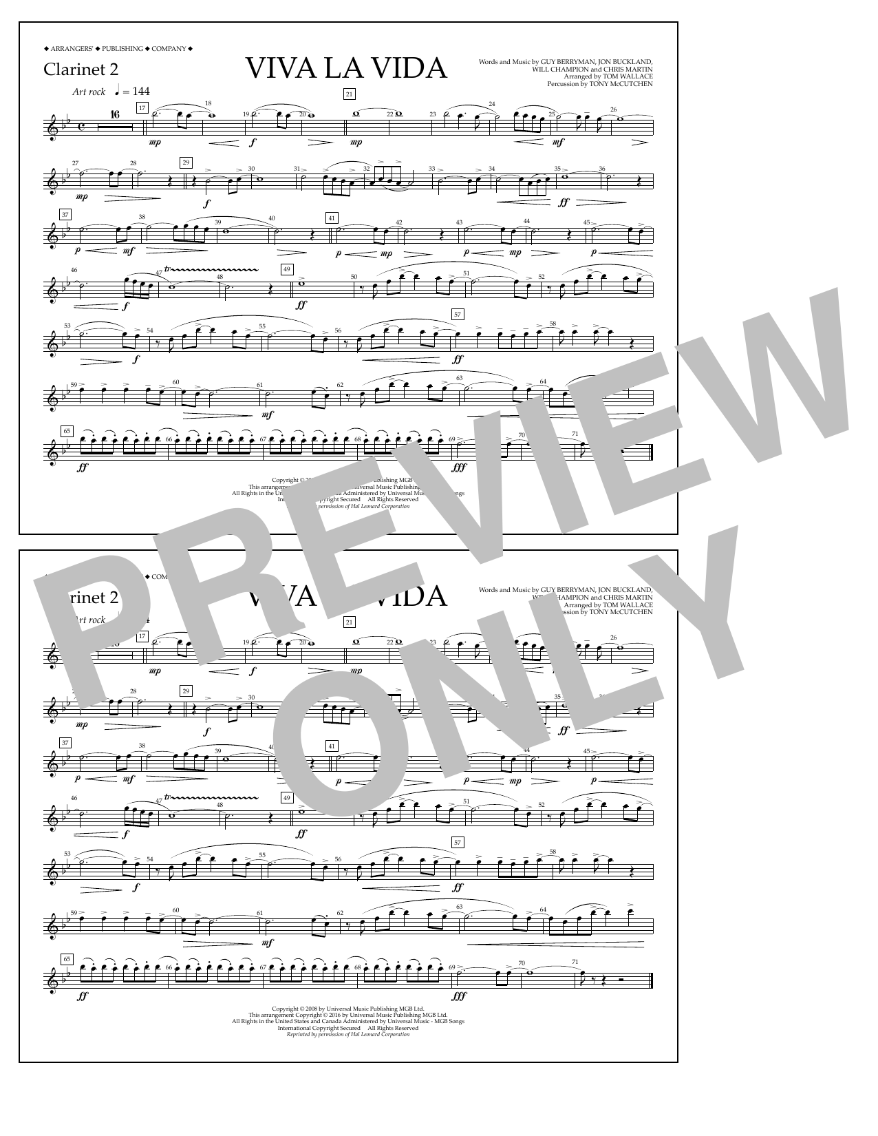 Download Tom Wallace Viva La Vida - Clarinet 2 Sheet Music and learn how to play Marching Band PDF digital score in minutes