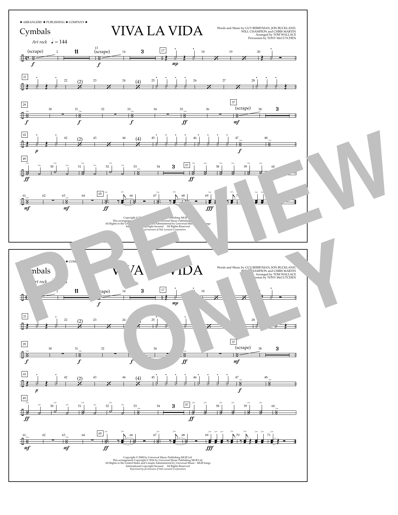 Download Tom Wallace Viva La Vida - Cymbals Sheet Music and learn how to play Marching Band PDF digital score in minutes