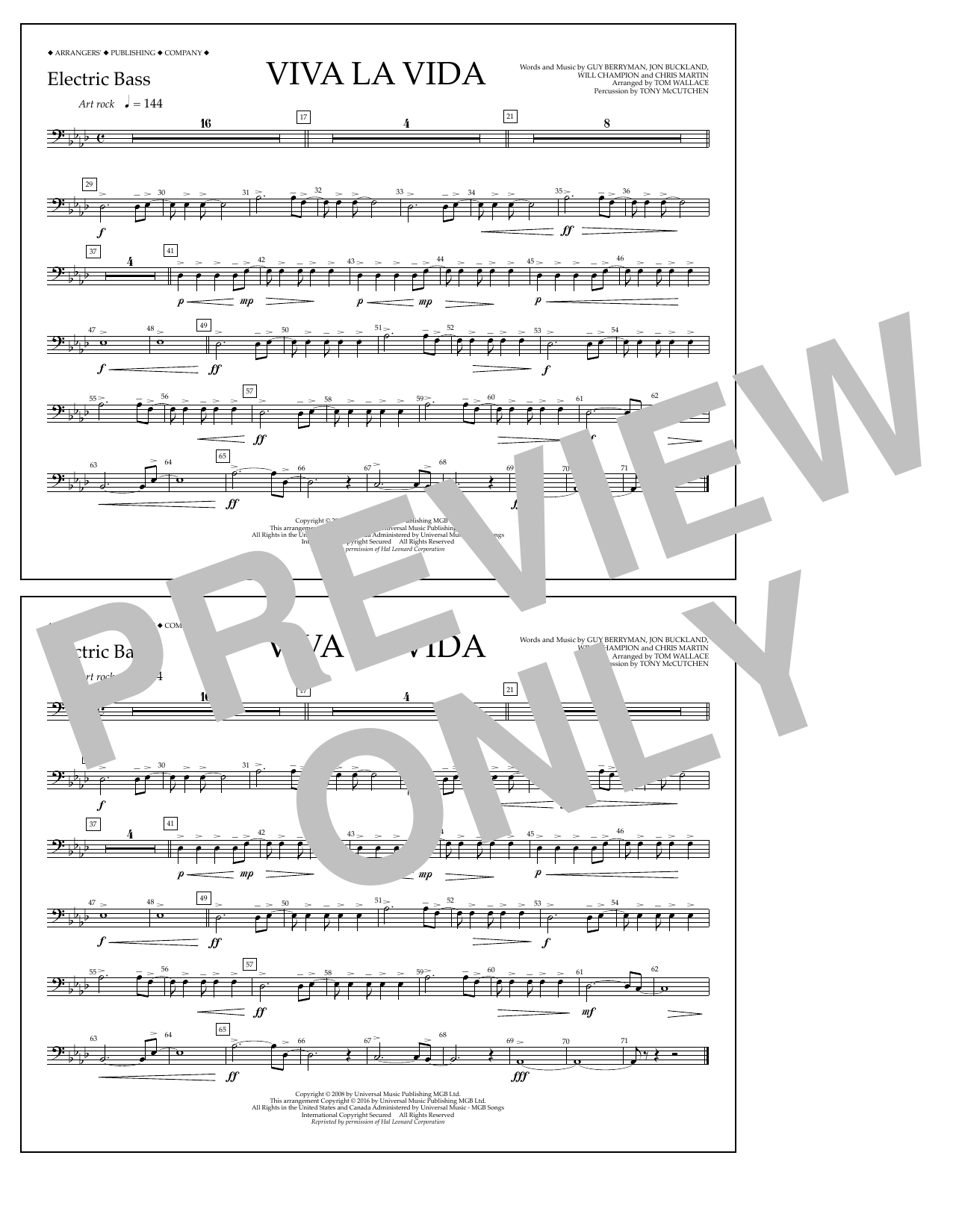 Download Tom Wallace Viva La Vida - Electric Bass Sheet Music and learn how to play Marching Band PDF digital score in minutes