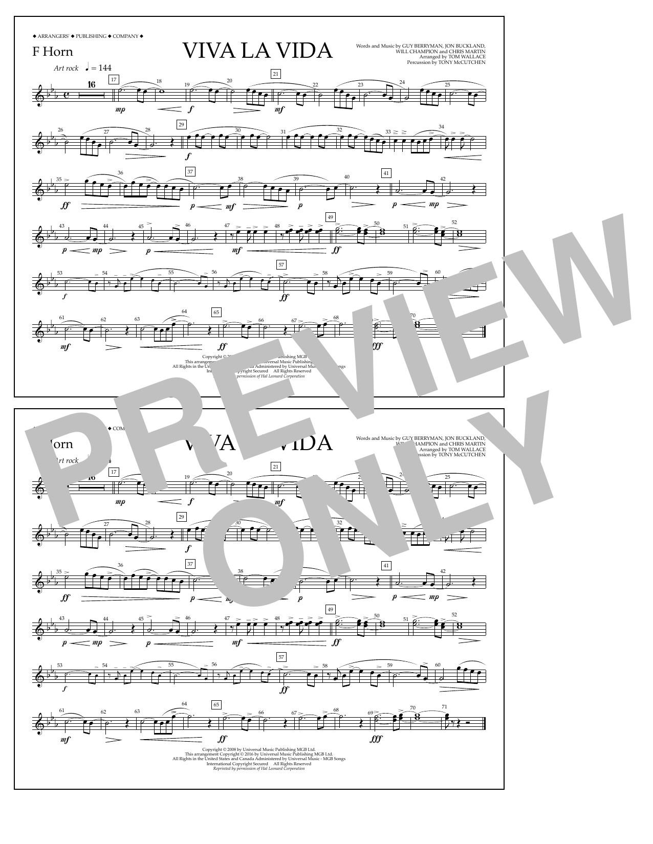 Download Tom Wallace Viva La Vida - F Horn Sheet Music and learn how to play Marching Band PDF digital score in minutes
