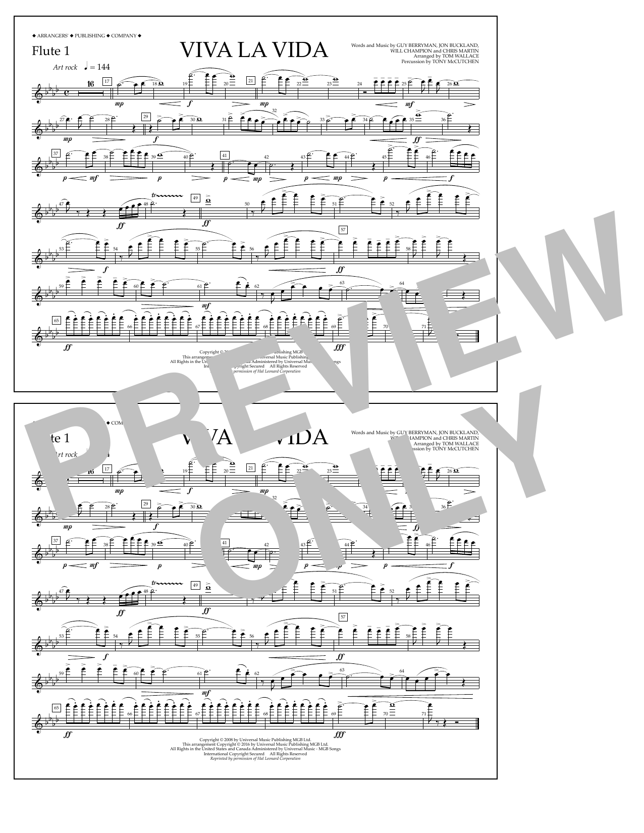 Download Tom Wallace Viva La Vida - Flute 1 Sheet Music and learn how to play Marching Band PDF digital score in minutes