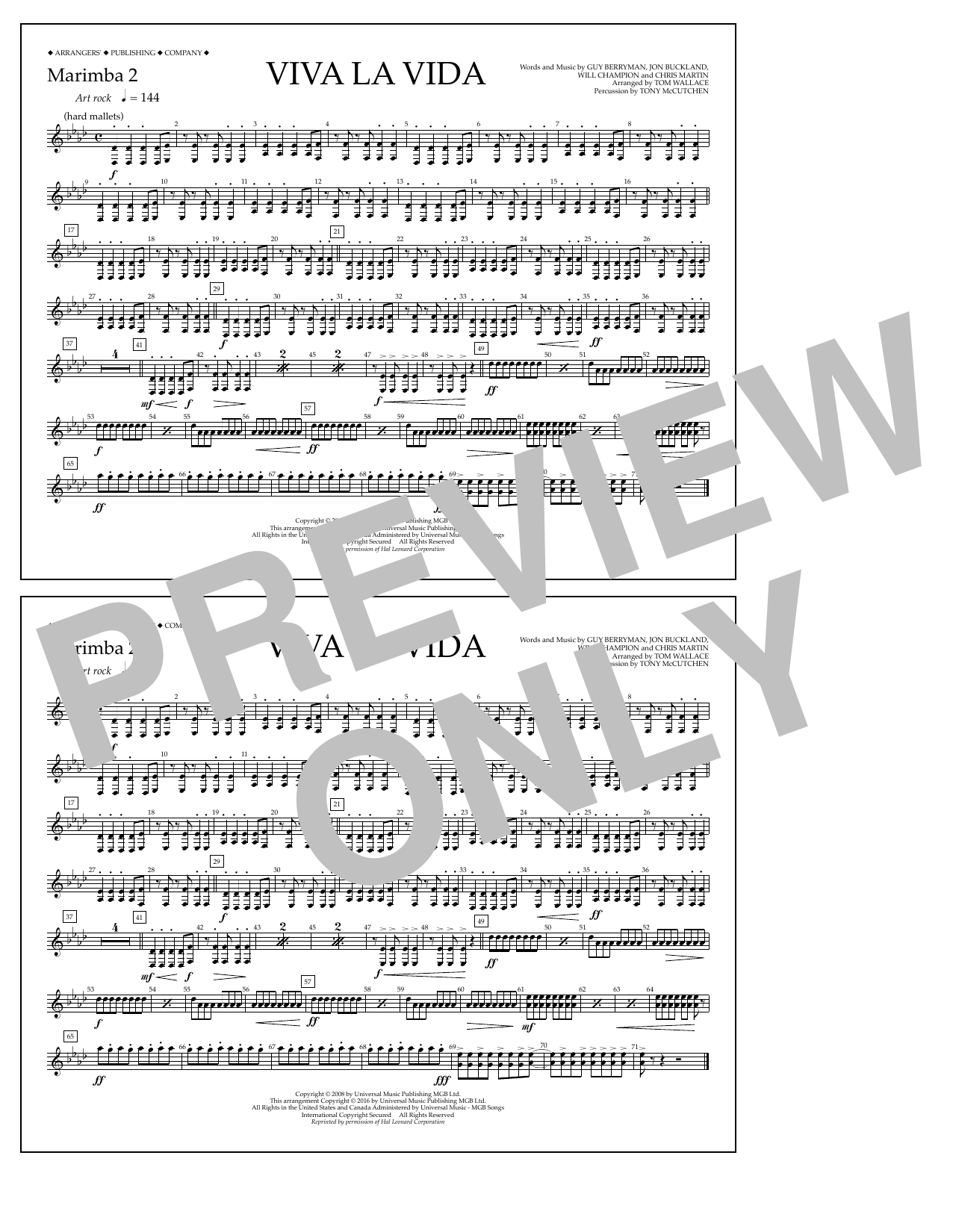 Download Tom Wallace Viva La Vida - Marimba 2 Sheet Music and learn how to play Marching Band PDF digital score in minutes