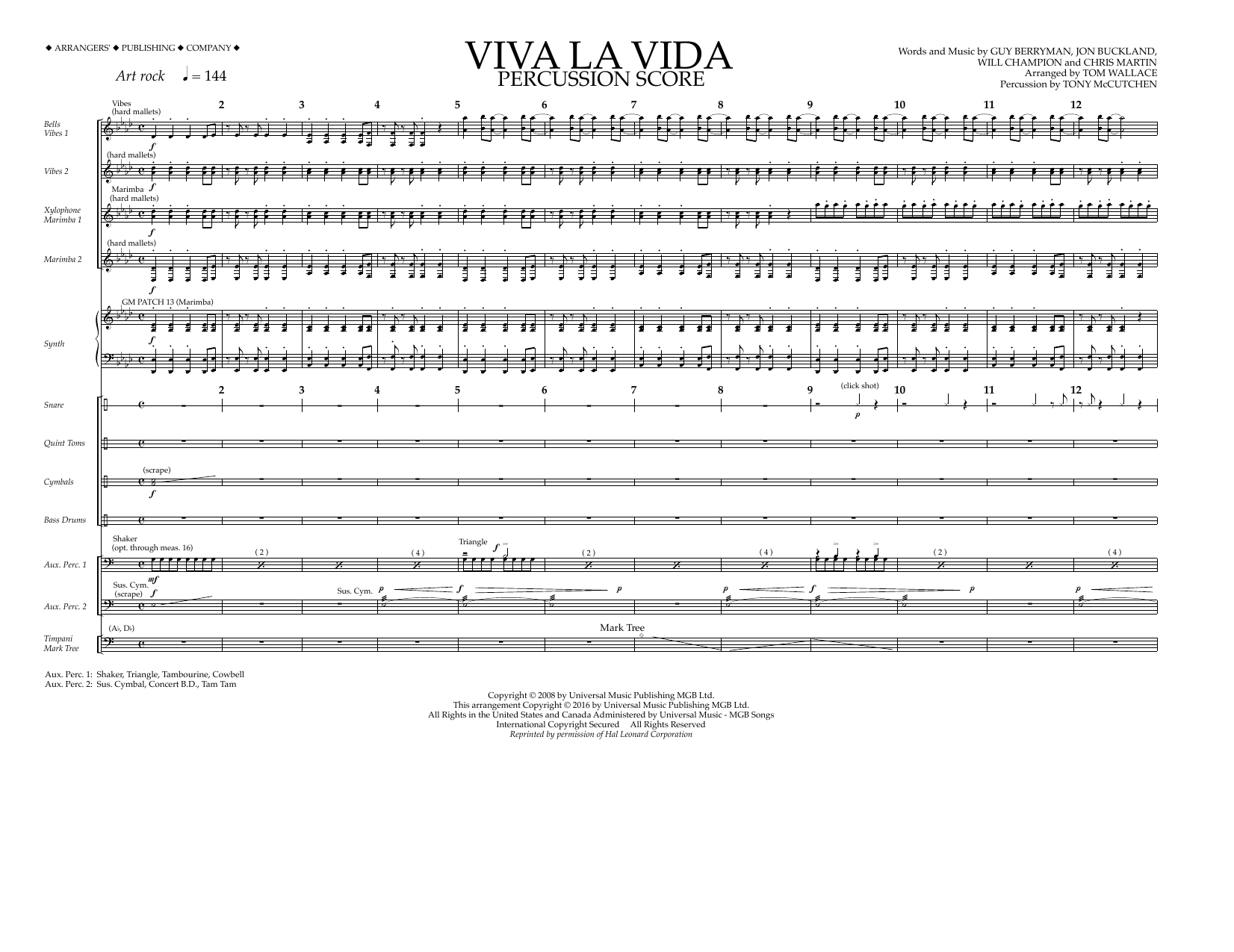 Download Tom Wallace Viva La Vida - Percussion Score Sheet Music and learn how to play Marching Band PDF digital score in minutes