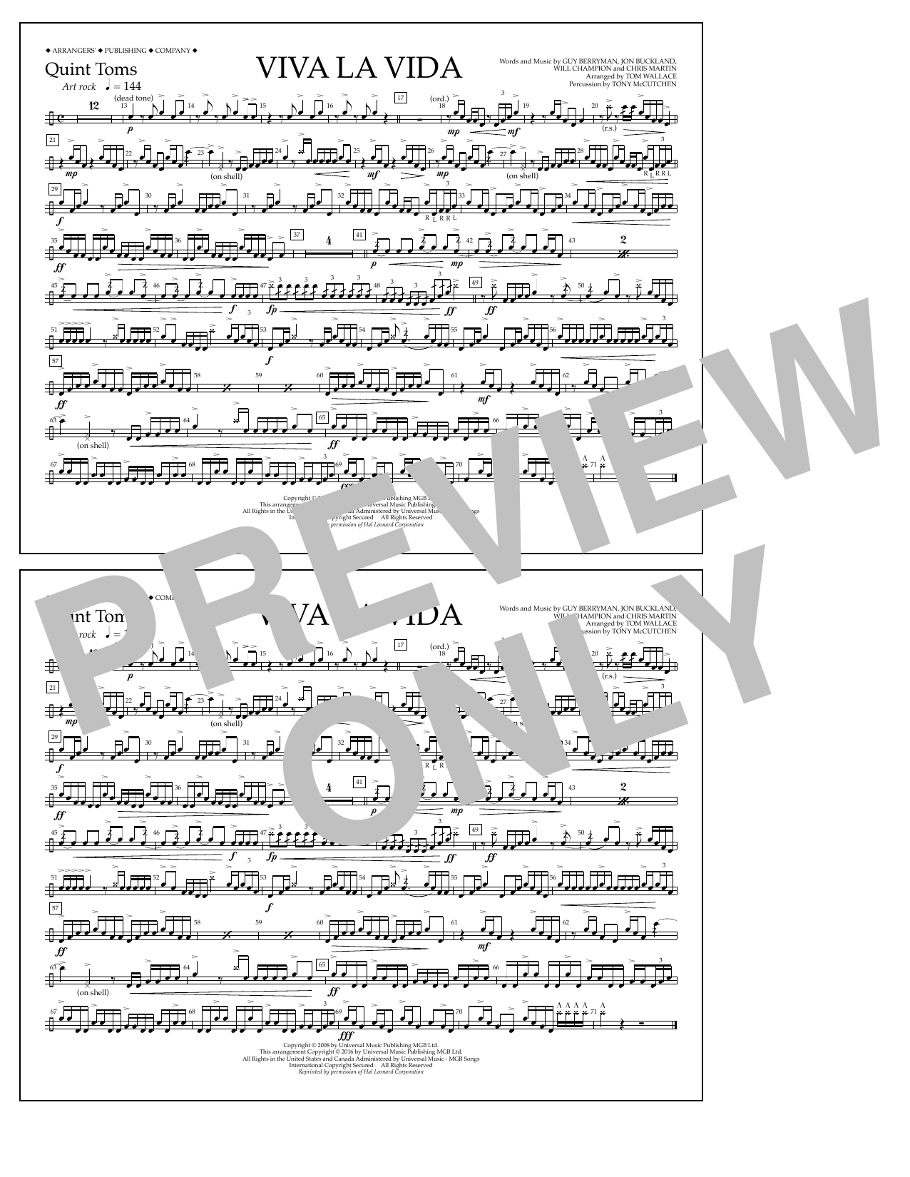 Download Tom Wallace Viva La Vida - Quint-Toms Sheet Music and learn how to play Marching Band PDF digital score in minutes
