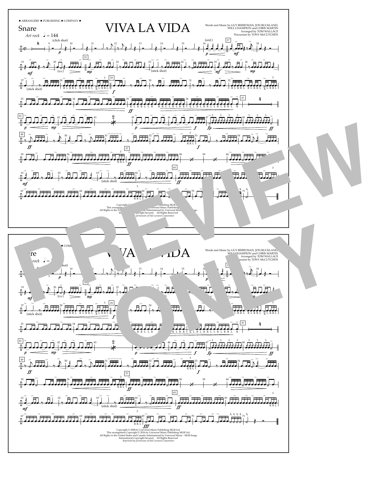 Download Tom Wallace Viva La Vida - Snare Sheet Music and learn how to play Marching Band PDF digital score in minutes