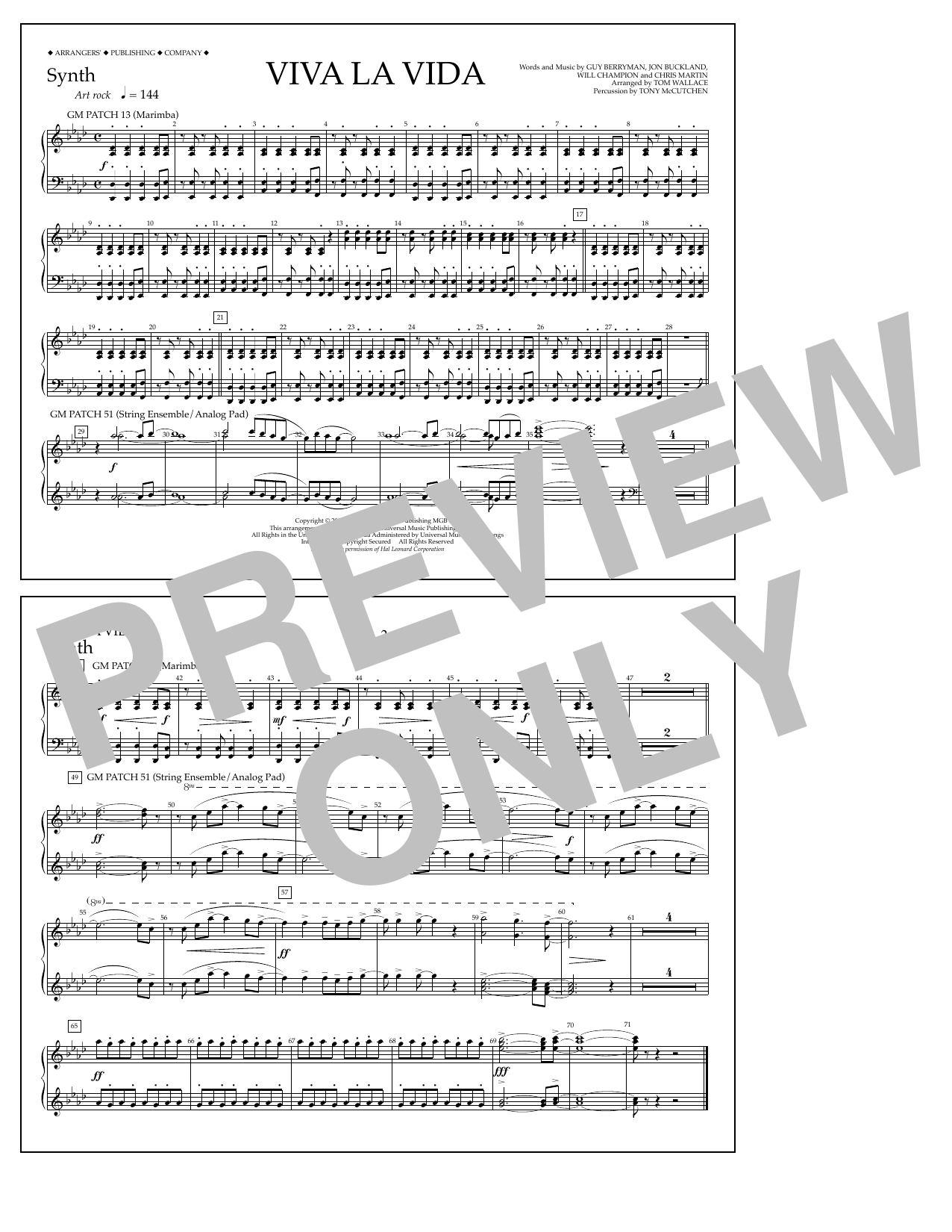 Download Tom Wallace Viva La Vida - Synthesizer Sheet Music and learn how to play Marching Band PDF digital score in minutes