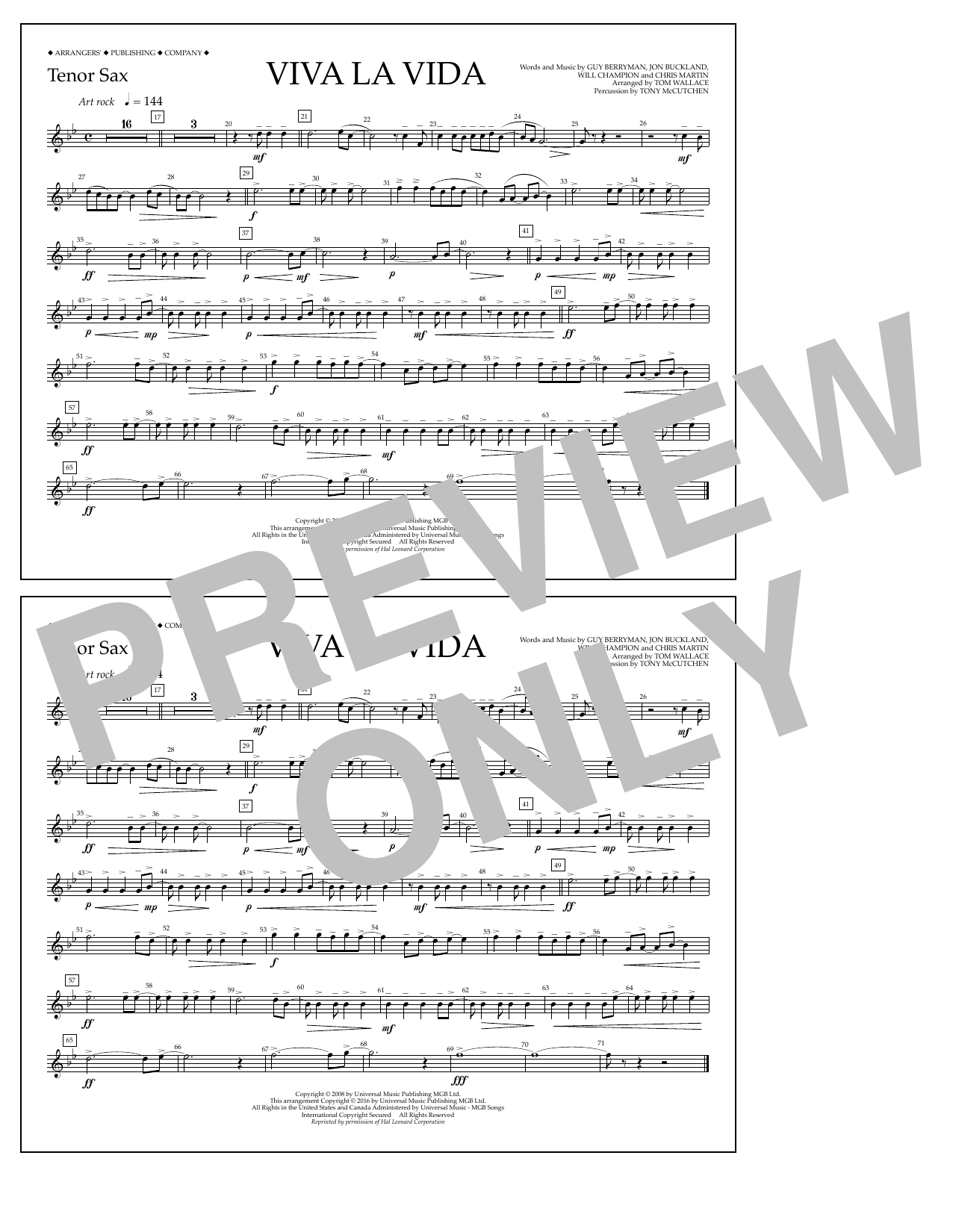 Download Tom Wallace Viva La Vida - Tenor Sax Sheet Music and learn how to play Marching Band PDF digital score in minutes