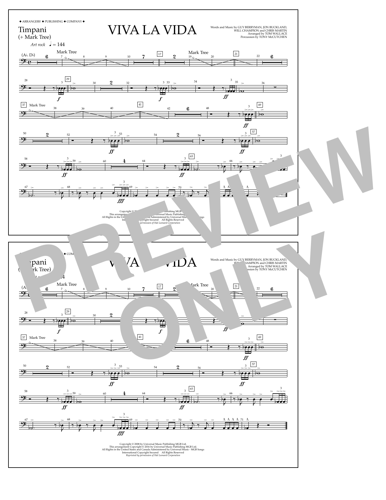 Download Tom Wallace Viva La Vida - Timpani Sheet Music and learn how to play Marching Band PDF digital score in minutes