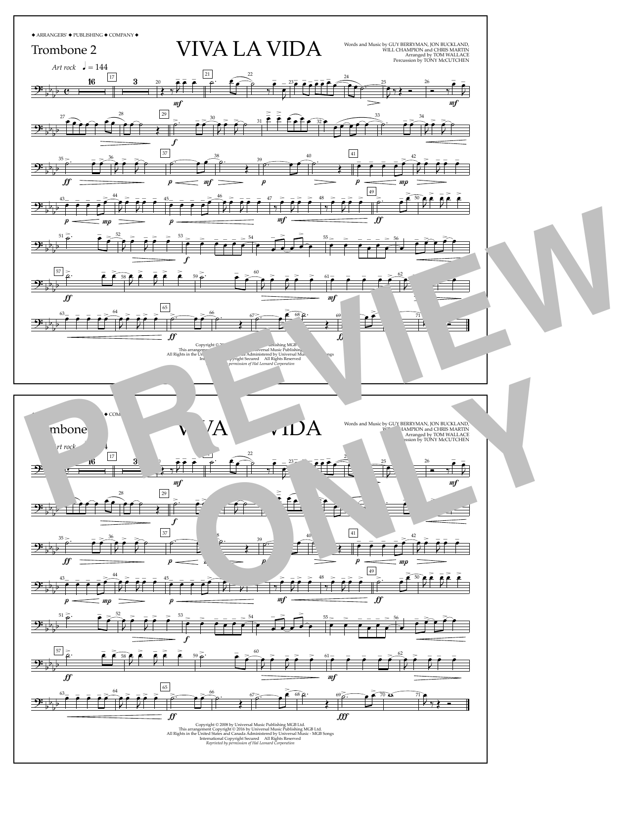 Download Tom Wallace Viva La Vida - Trombone 2 Sheet Music and learn how to play Marching Band PDF digital score in minutes