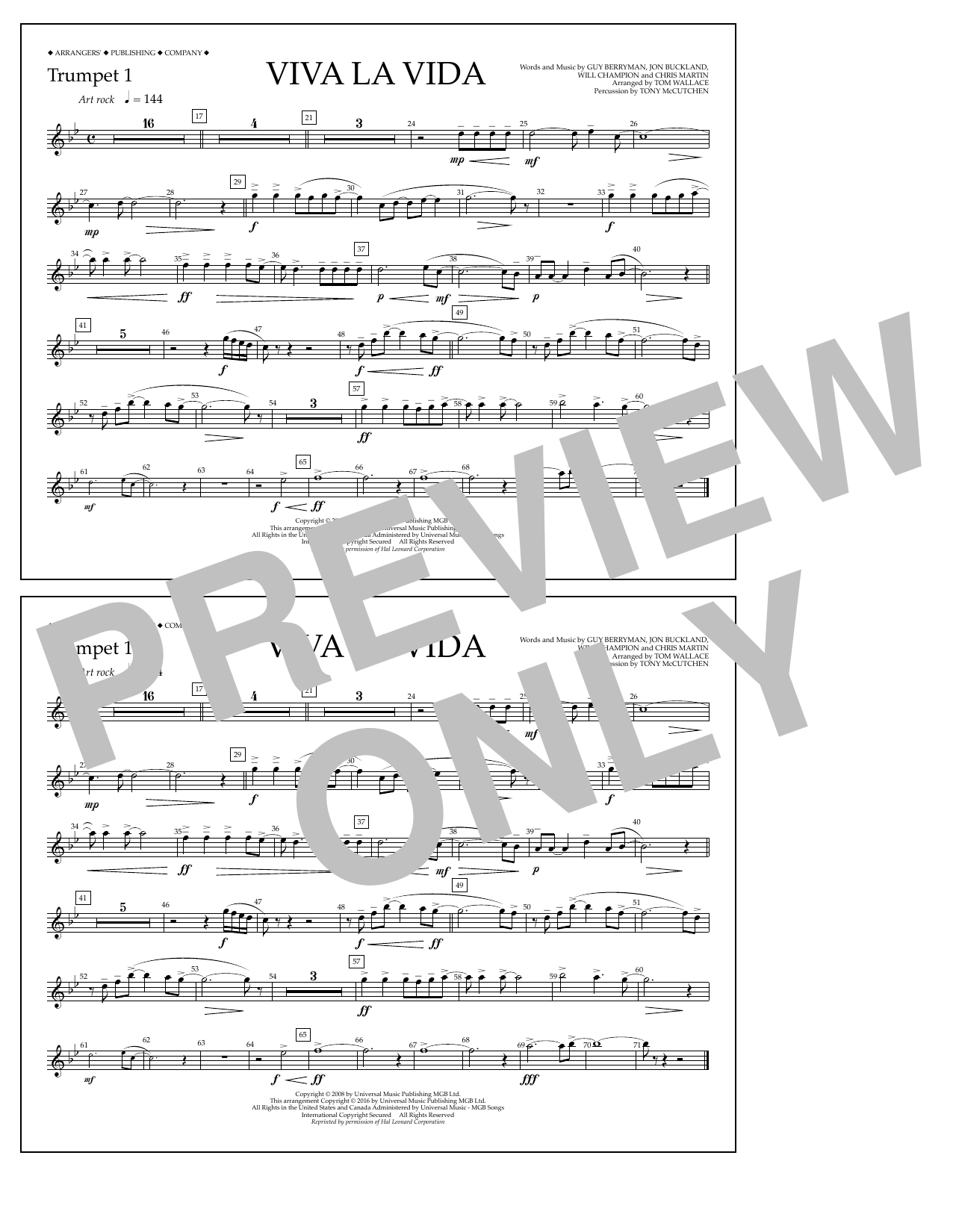 Download Tom Wallace Viva La Vida - Trumpet 1 Sheet Music and learn how to play Marching Band PDF digital score in minutes
