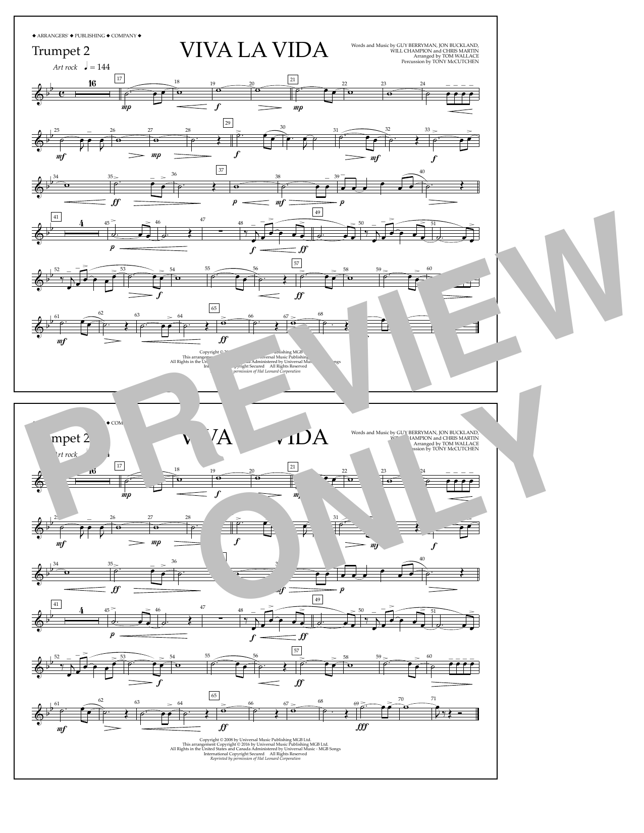Download Tom Wallace Viva La Vida - Trumpet 2 Sheet Music and learn how to play Marching Band PDF digital score in minutes