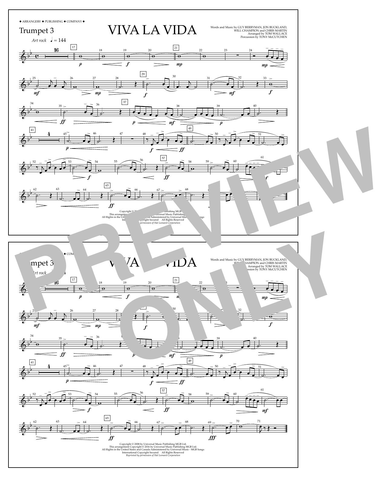 Download Tom Wallace Viva La Vida - Trumpet 3 Sheet Music and learn how to play Marching Band PDF digital score in minutes