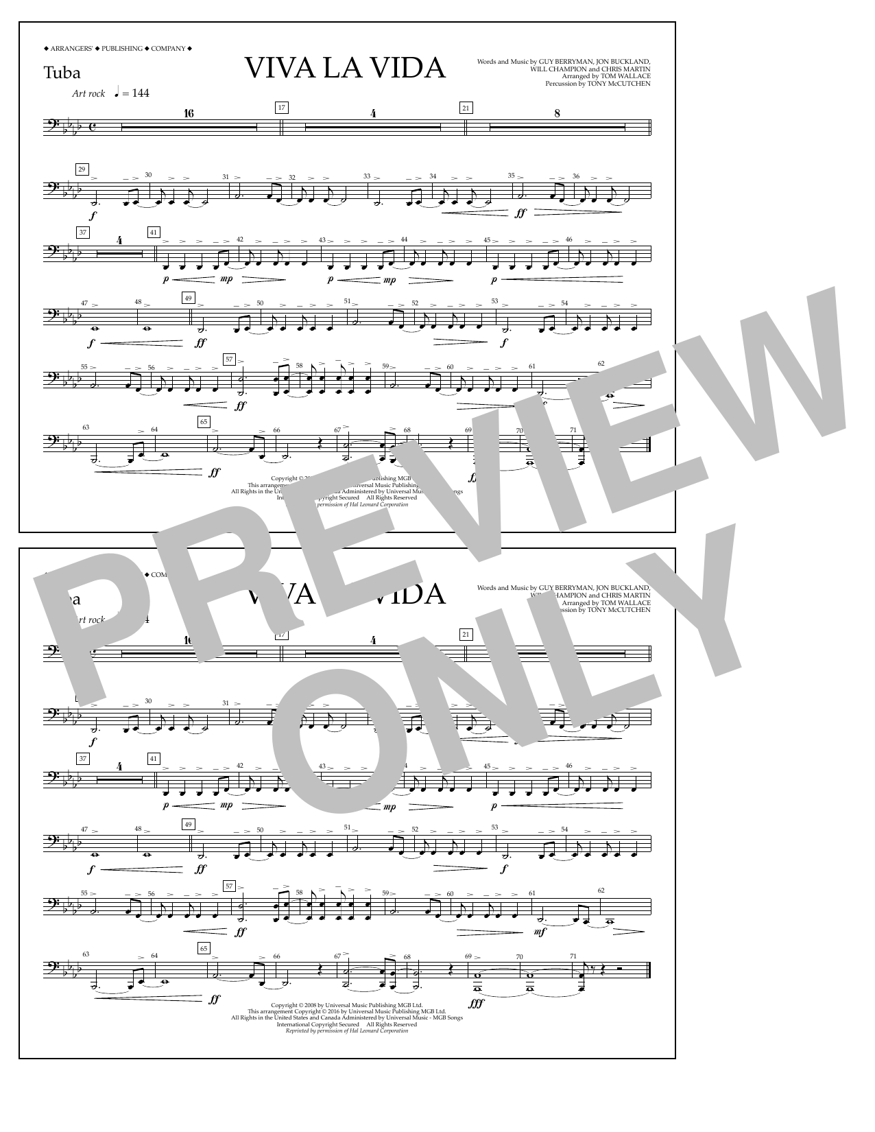 Download Tom Wallace Viva La Vida - Tuba Sheet Music and learn how to play Marching Band PDF digital score in minutes