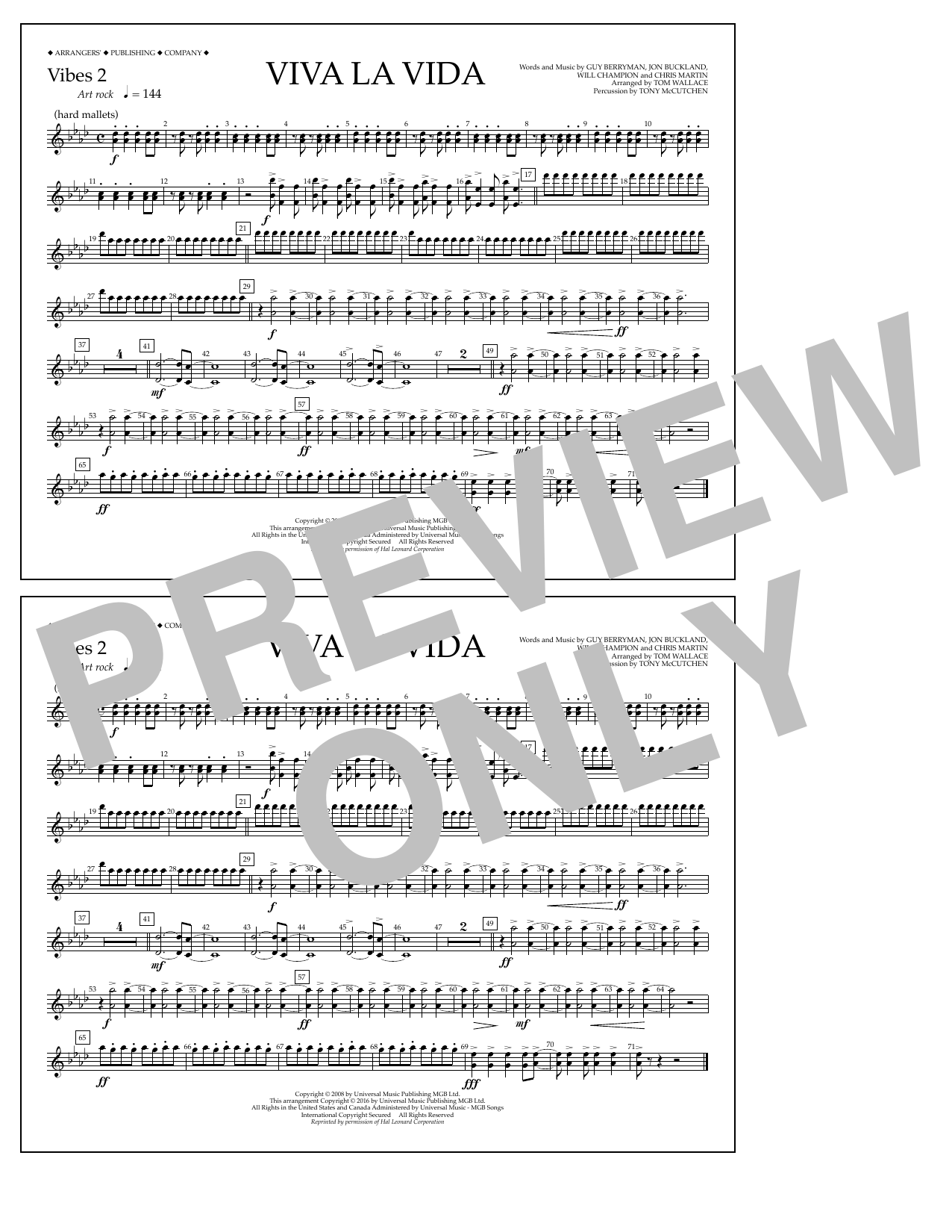 Download Tom Wallace Viva La Vida - Vibes 2 Sheet Music and learn how to play Marching Band PDF digital score in minutes
