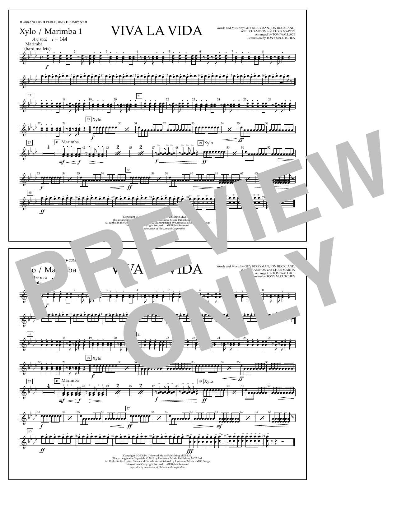 Download Tom Wallace Viva La Vida - Xylo./Marimba 1 Sheet Music and learn how to play Marching Band PDF digital score in minutes