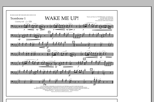 Download Tom Wallace Wake Me Up! - Trombone 1 Sheet Music and learn how to play Marching Band PDF digital score in minutes