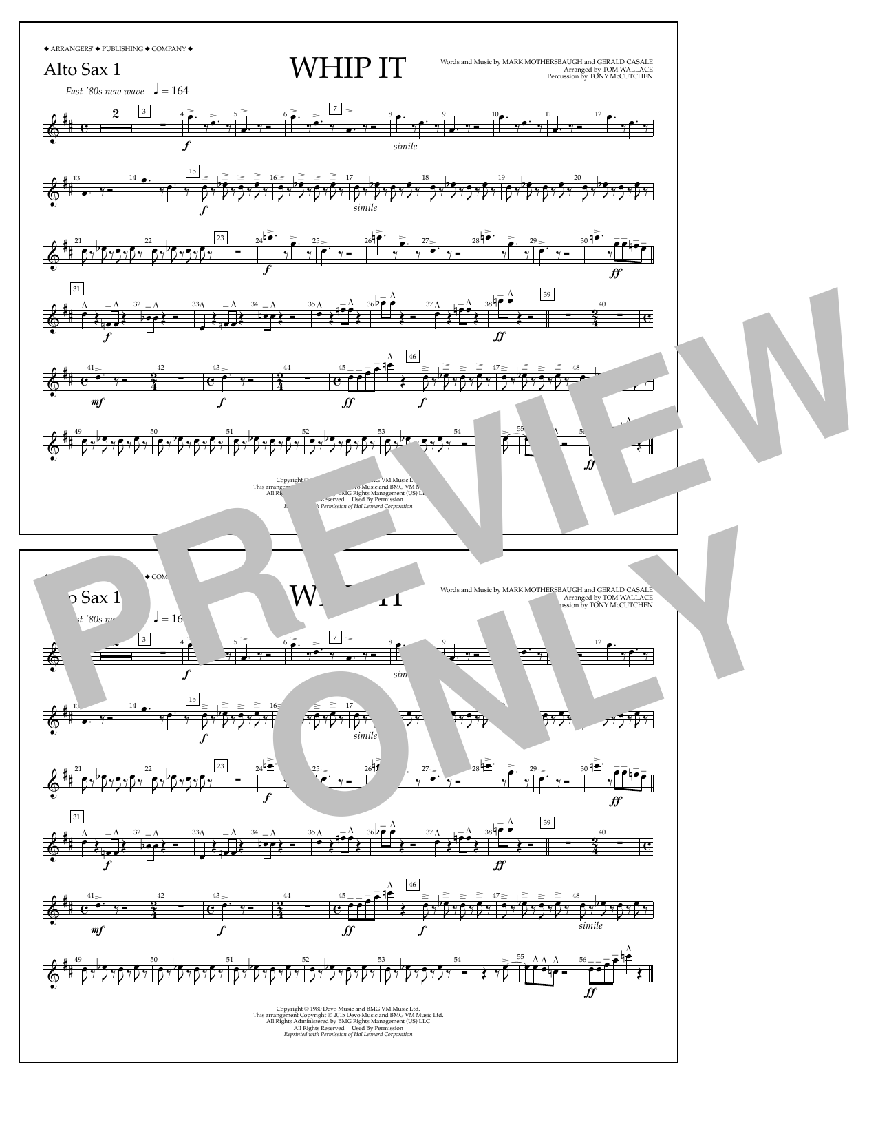 Download Tom Wallace Whip It - Alto Sax 1 Sheet Music and learn how to play Marching Band PDF digital score in minutes