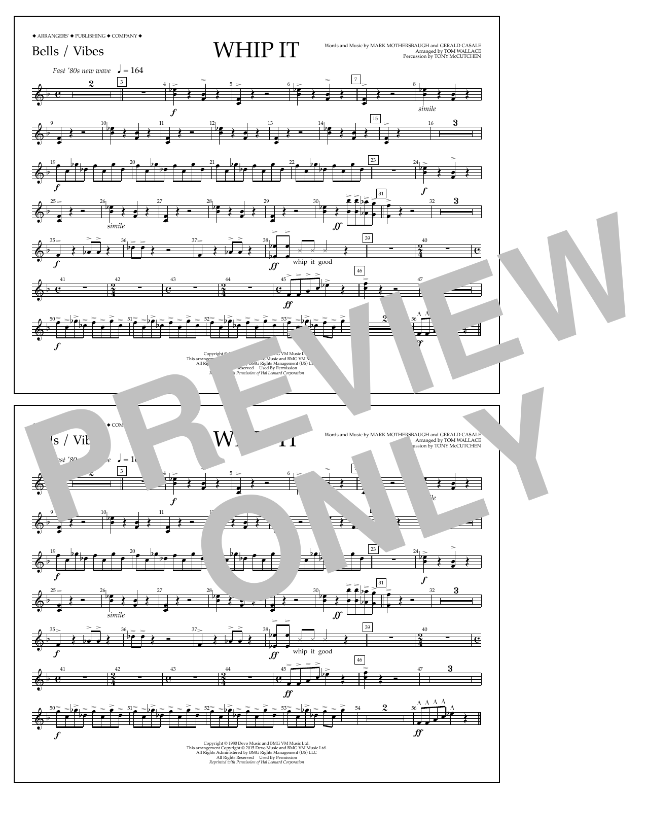 Download Tom Wallace Whip It - Bells/Vibes Sheet Music and learn how to play Marching Band PDF digital score in minutes