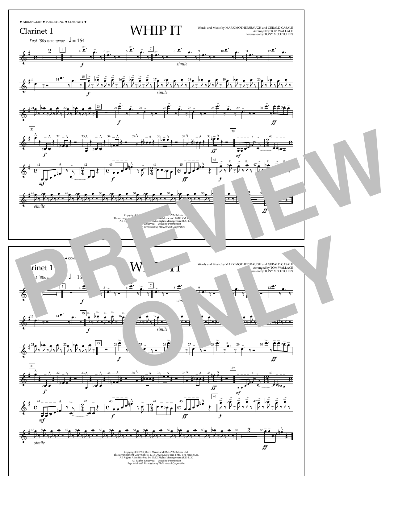Download Tom Wallace Whip It - Clarinet 1 Sheet Music and learn how to play Marching Band PDF digital score in minutes