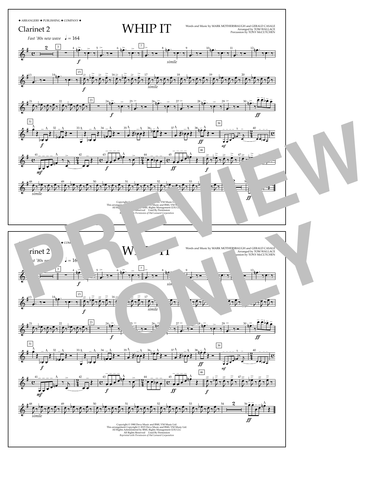 Download Tom Wallace Whip It - Clarinet 2 Sheet Music and learn how to play Marching Band PDF digital score in minutes