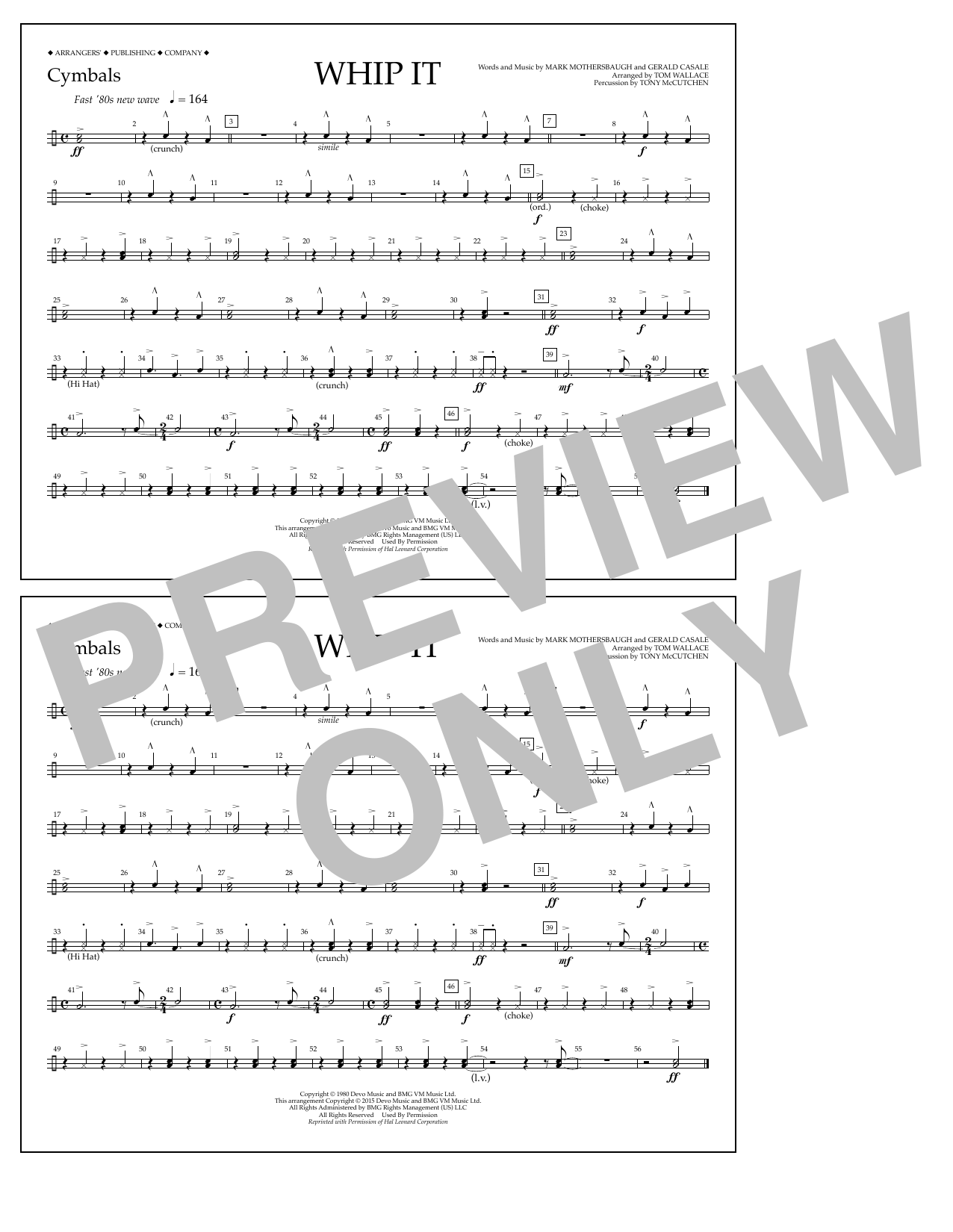 Download Tom Wallace Whip It - Cymbals Sheet Music and learn how to play Marching Band PDF digital score in minutes