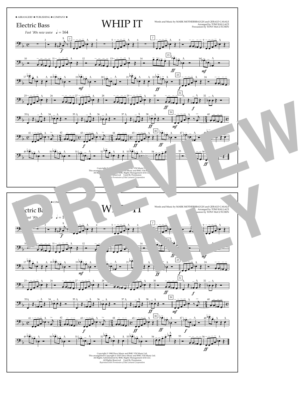 Download Tom Wallace Whip It - Electric Bass Sheet Music and learn how to play Marching Band PDF digital score in minutes