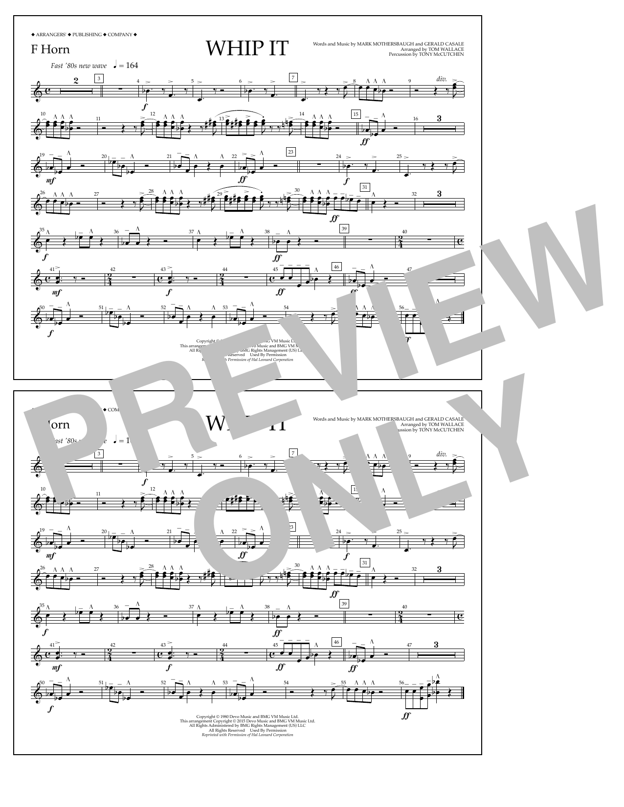 Download Tom Wallace Whip It - F Horn Sheet Music and learn how to play Marching Band PDF digital score in minutes