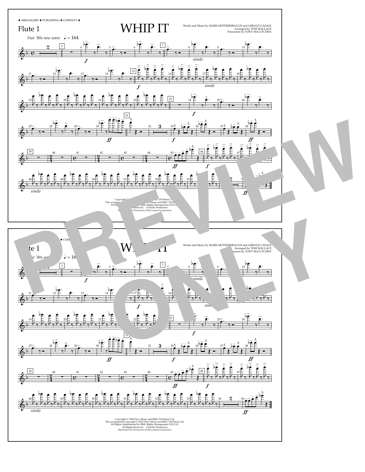 Download Tom Wallace Whip It - Flute 1 Sheet Music and learn how to play Marching Band PDF digital score in minutes
