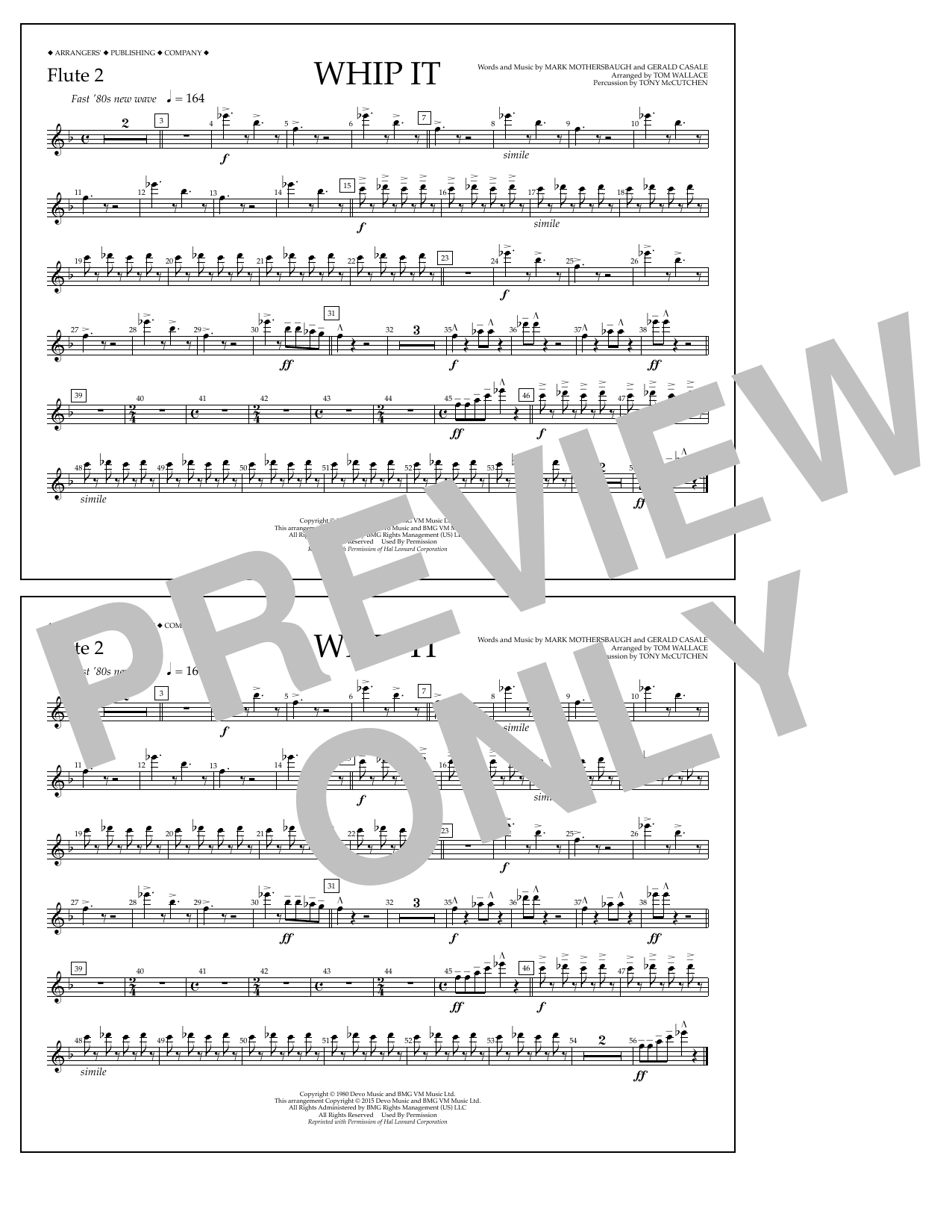 Download Tom Wallace Whip It - Flute 2 Sheet Music and learn how to play Marching Band PDF digital score in minutes