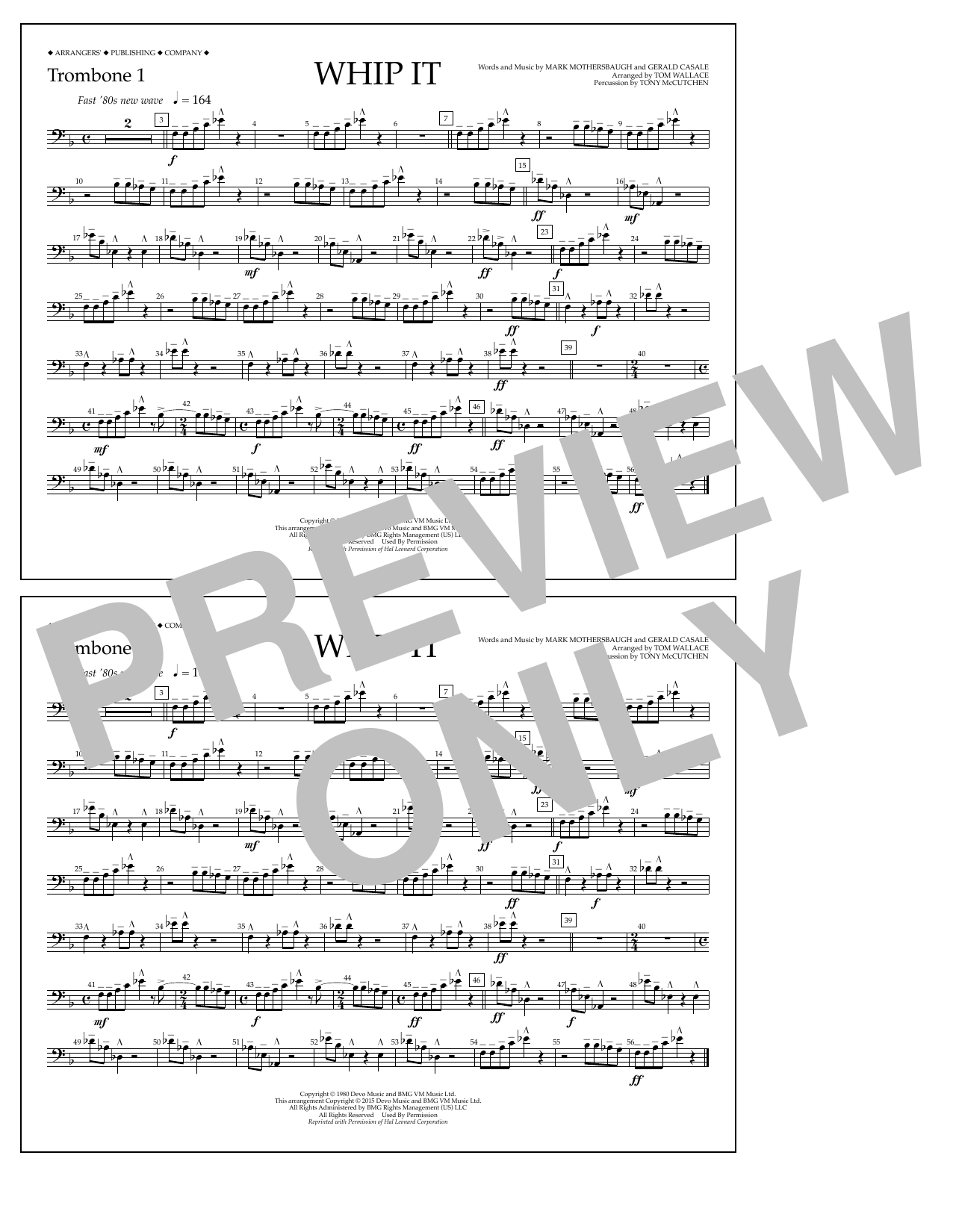 Download Tom Wallace Whip It - Trombone 1 Sheet Music and learn how to play Marching Band PDF digital score in minutes