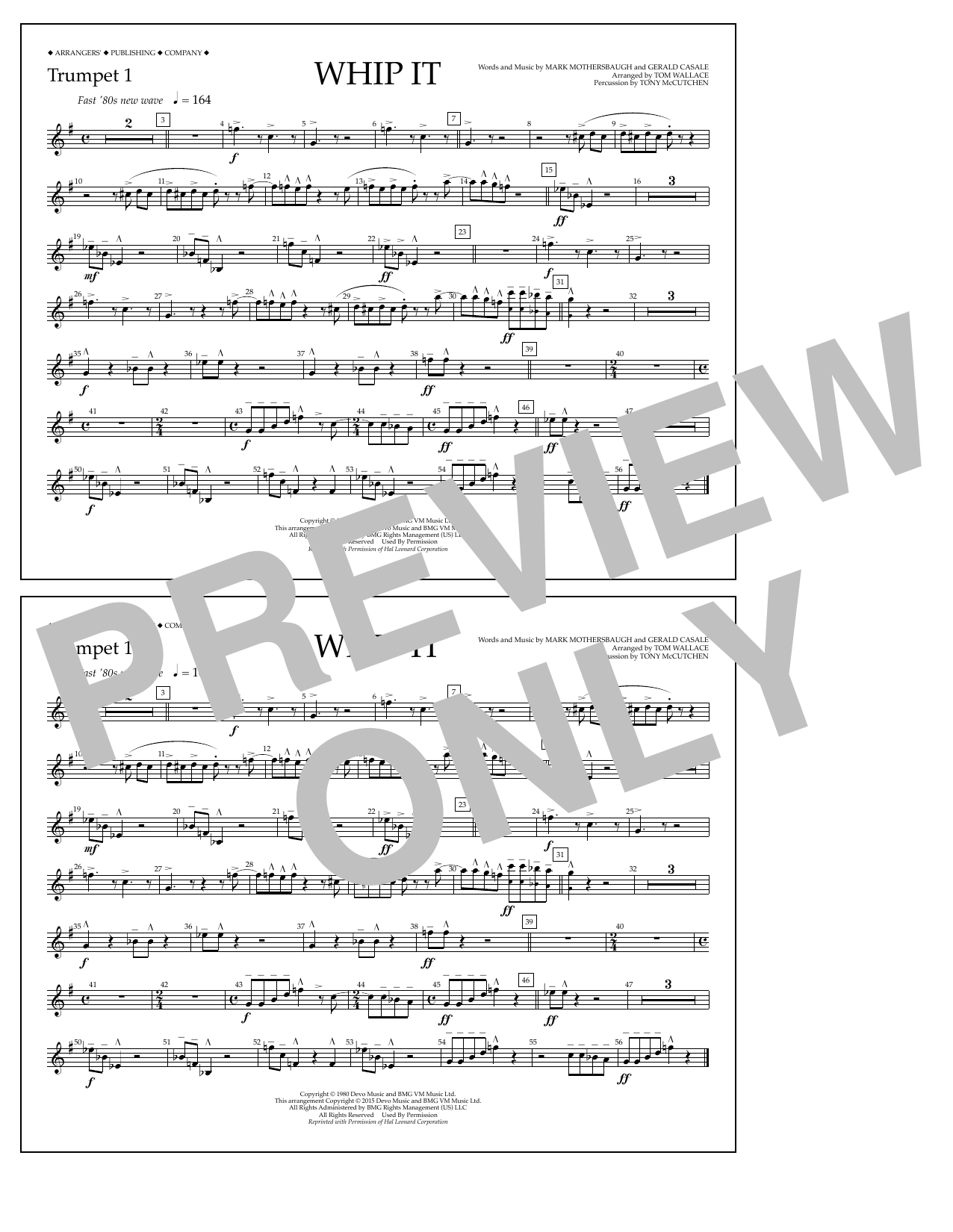Download Tom Wallace Whip It - Trumpet 1 Sheet Music and learn how to play Marching Band PDF digital score in minutes