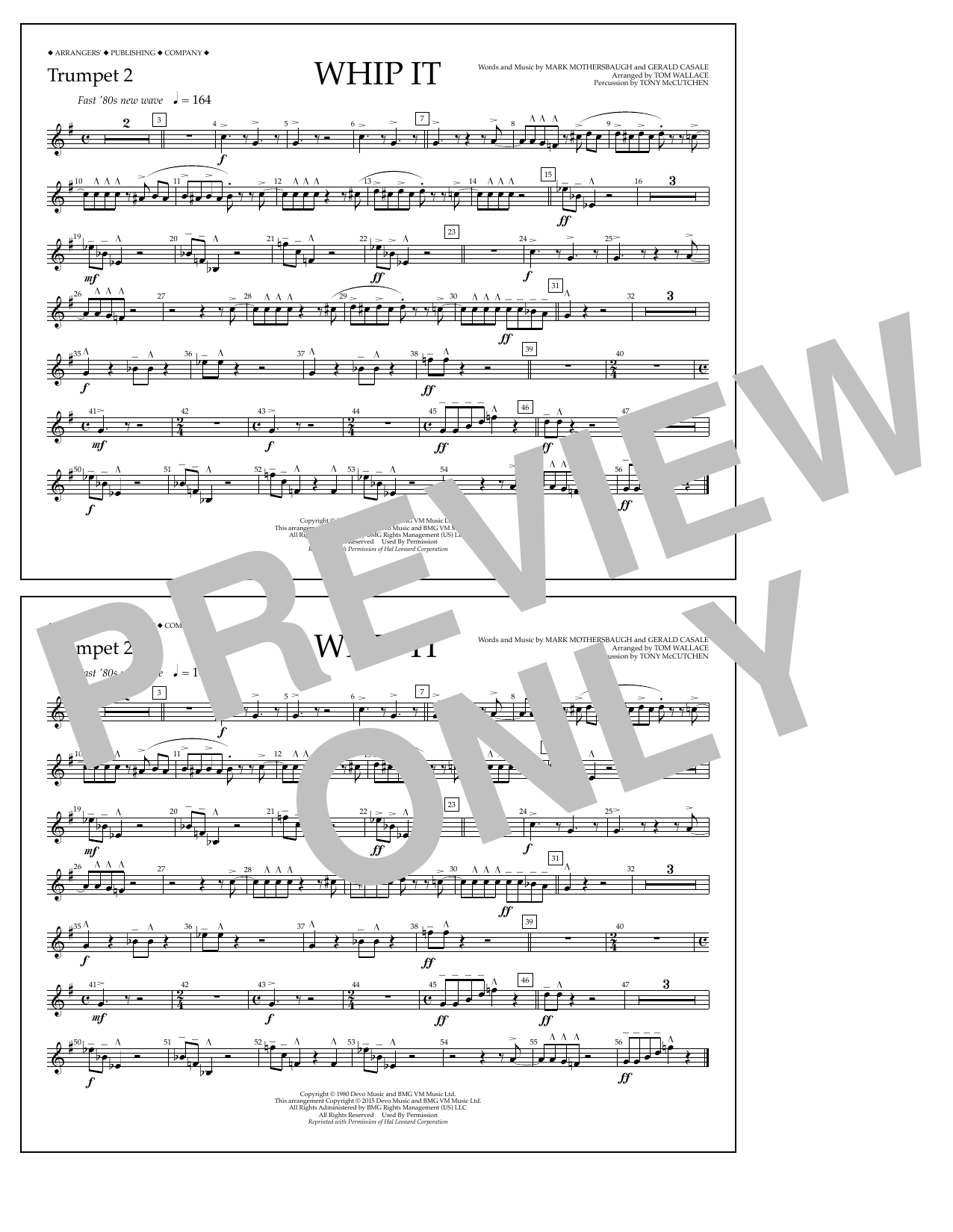 Download Tom Wallace Whip It - Trumpet 2 Sheet Music and learn how to play Marching Band PDF digital score in minutes