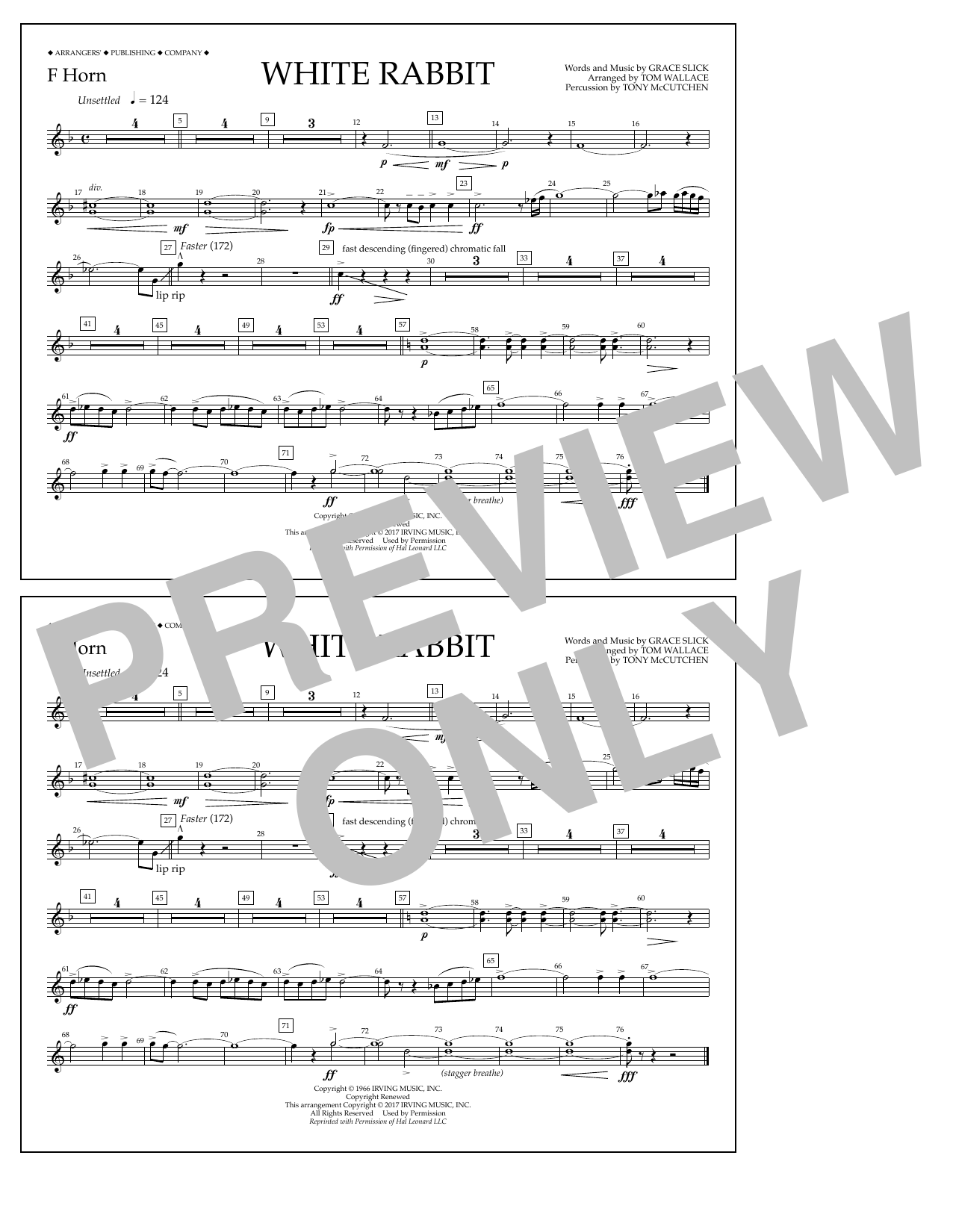 Download Tom Wallace White Rabbit - F Horn Sheet Music and learn how to play Marching Band PDF digital score in minutes