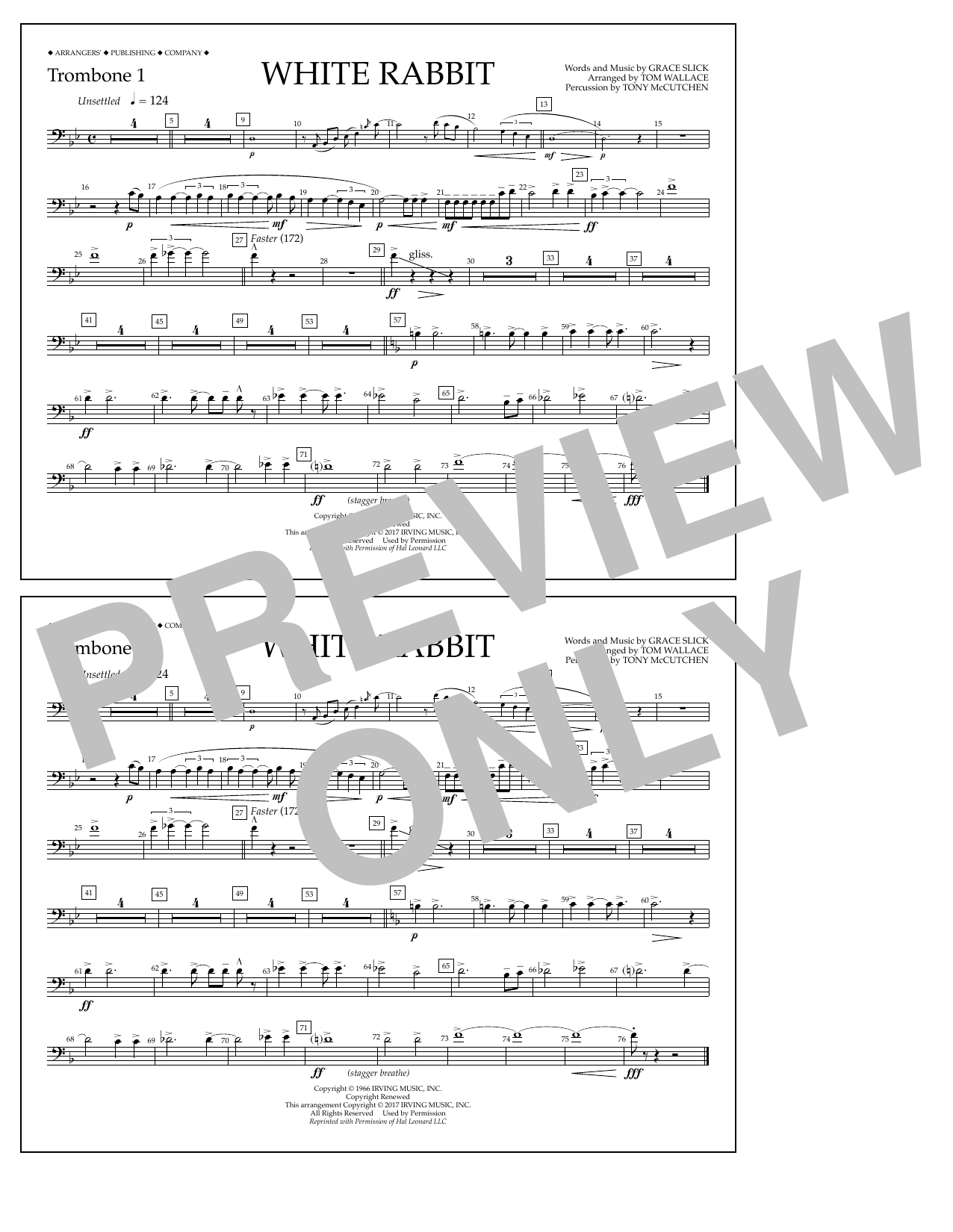 Download Tom Wallace White Rabbit - Trombone 1 Sheet Music and learn how to play Marching Band PDF digital score in minutes