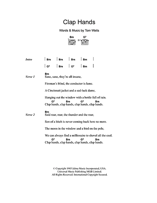 Download Tom Waits Clap Hands Sheet Music and learn how to play Lyrics & Chords PDF digital score in minutes