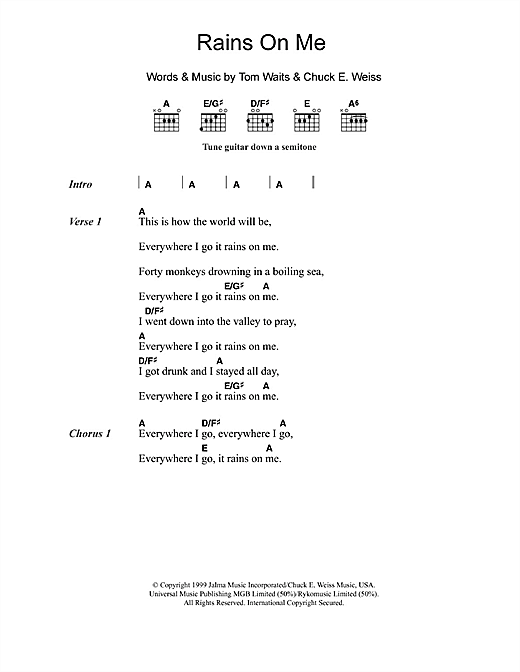Download Tom Waits Rains On Me Sheet Music and learn how to play Lyrics & Chords PDF digital score in minutes