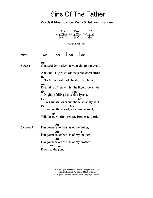 Download Tom Waits Sins Of The Father Sheet Music and learn how to play Lyrics & Chords PDF digital score in minutes