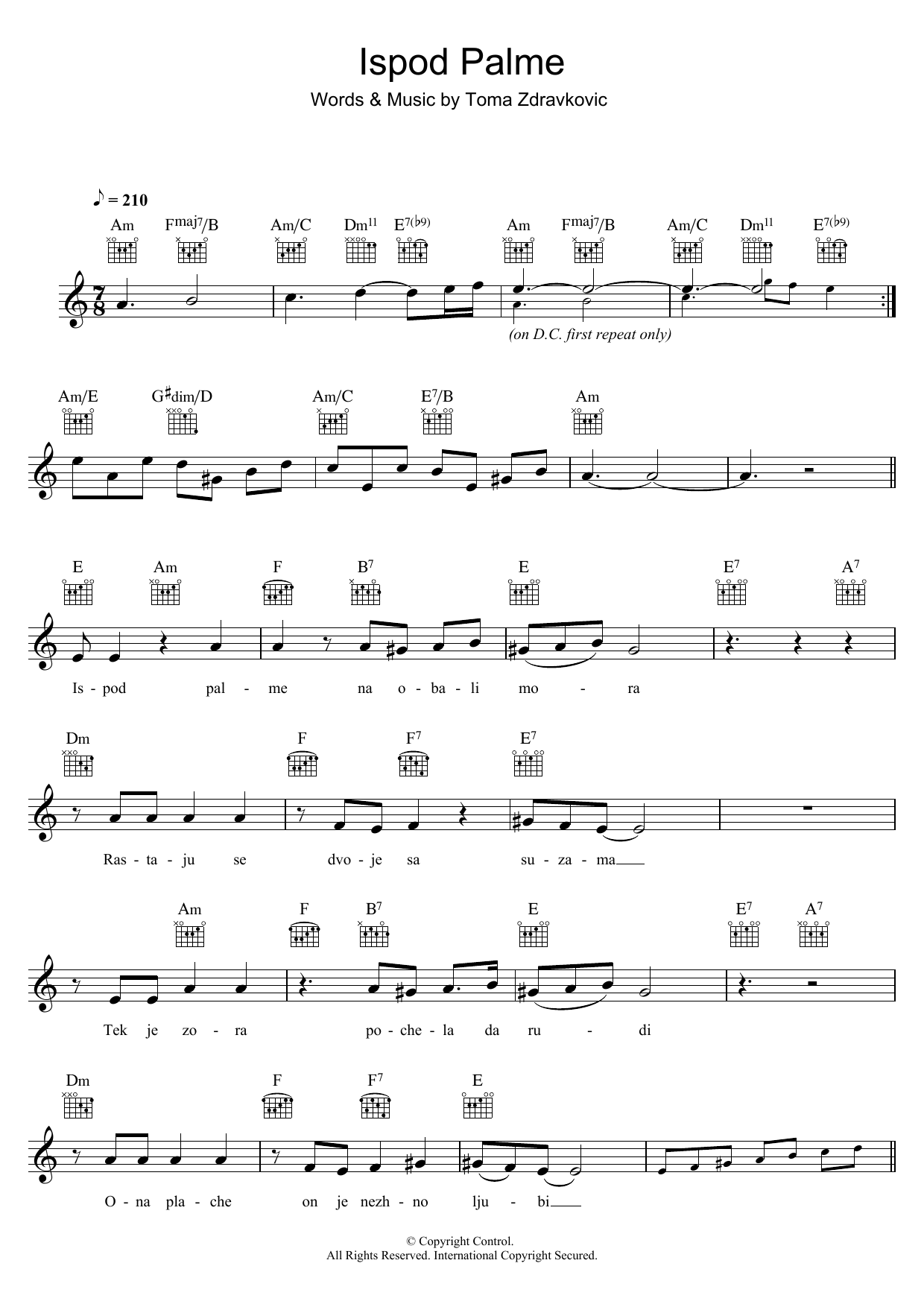 Download Toma Zdravkovic Ispod Palme Sheet Music and learn how to play Melody Line, Lyrics & Chords PDF digital score in minutes