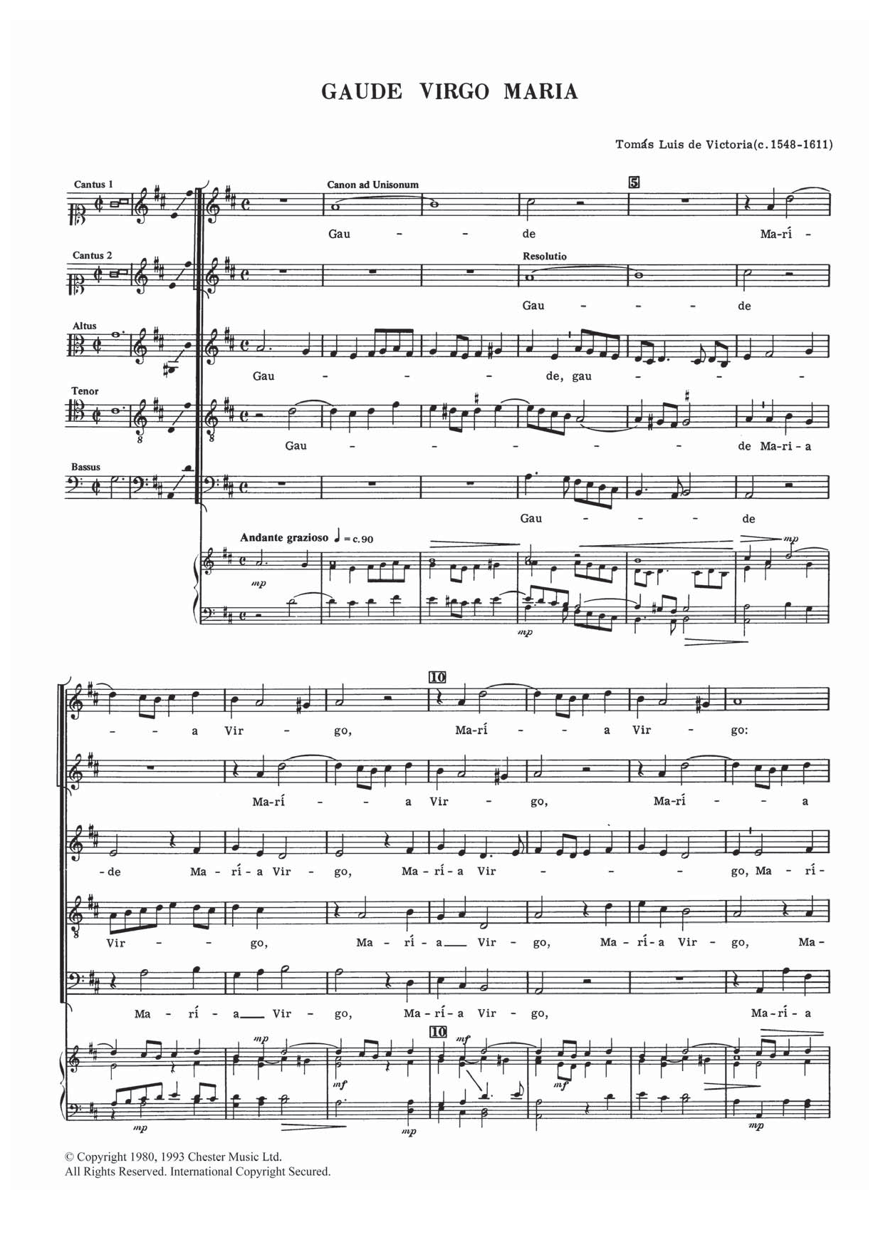 Download Tomas Luis De Victoria Gaude Virgo Maria Sheet Music and learn how to play Choral SSATB PDF digital score in minutes