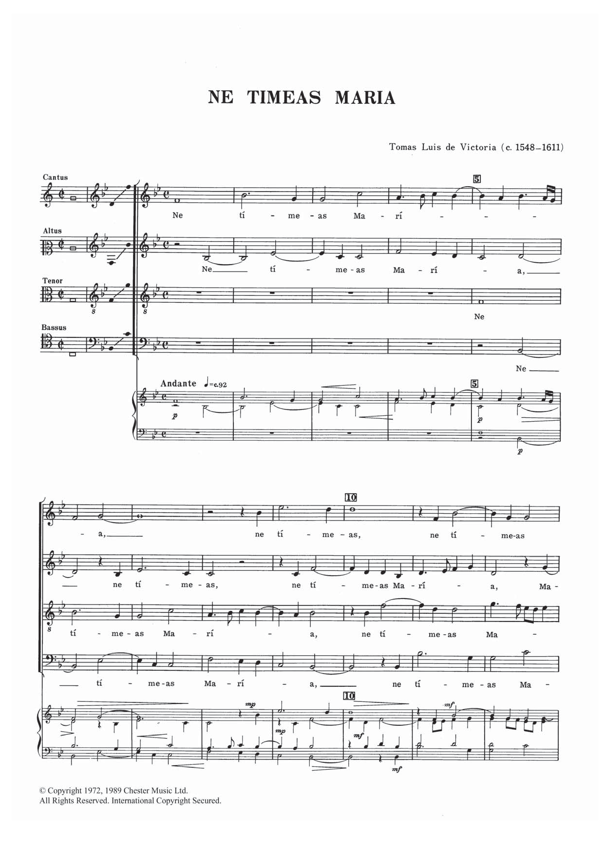 Download Tomas Luis De Victoria Ne Timeas Maria Sheet Music and learn how to play SATB PDF digital score in minutes