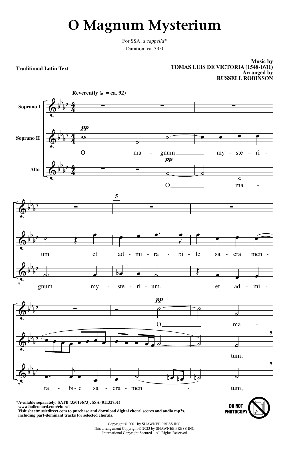 Download Tomas Luis De Victoria O Magnum Mysterium (arr. Russell Robinson) Sheet Music and learn how to play SSA Choir PDF digital score in minutes