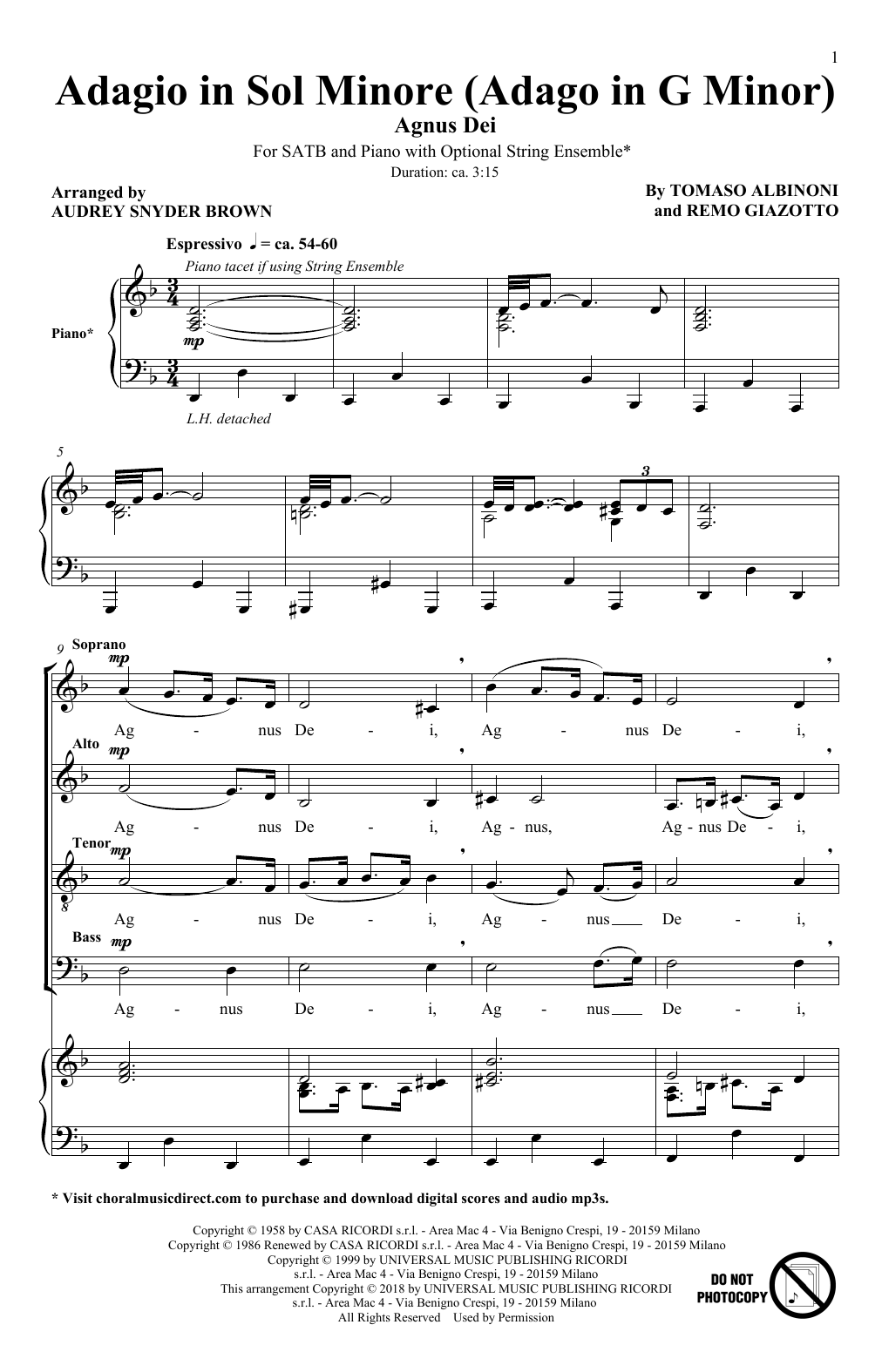 Download Tomaso Albinoni & Remo Giazotto Adagio In Sol Minore (Adagio In G Minor) (arr. Audrey Snyder) Sheet Music and learn how to play SATB Choir PDF digital score in minutes