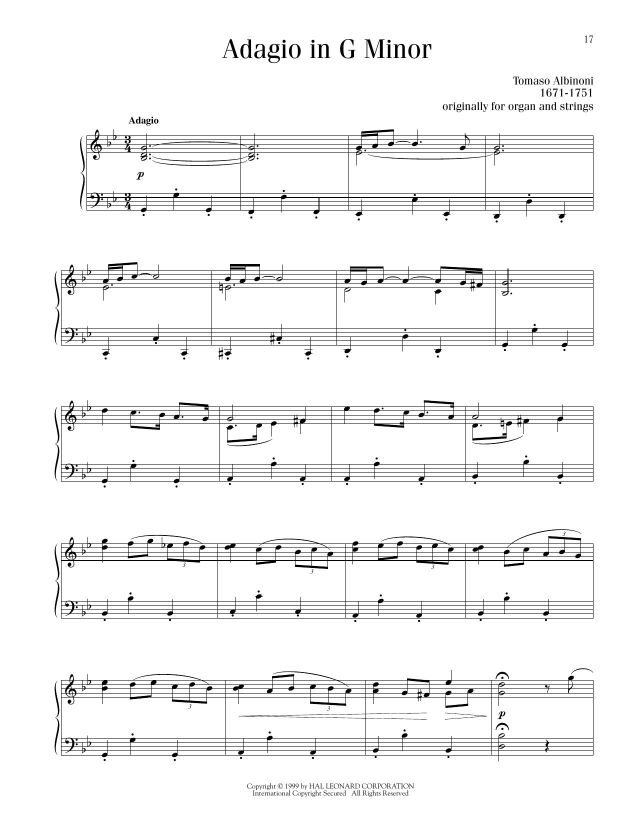 Download Tomaso Albinoni Adagio in G Minor Sheet Music and learn how to play Piano Solo PDF digital score in minutes