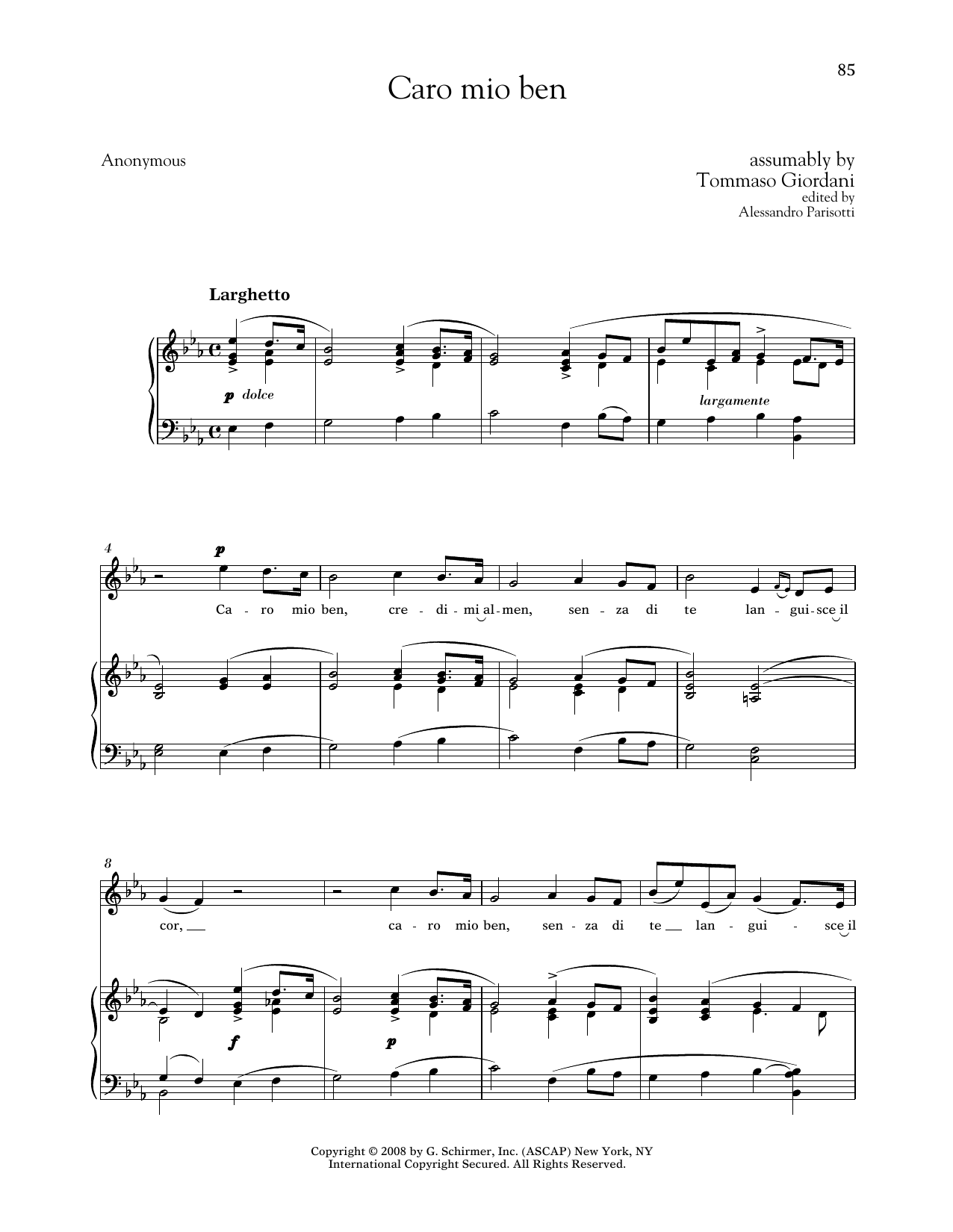 Download Tommaso Giordani Caro Mio Ben (Medium High Voice) Sheet Music and learn how to play Piano & Vocal PDF digital score in minutes