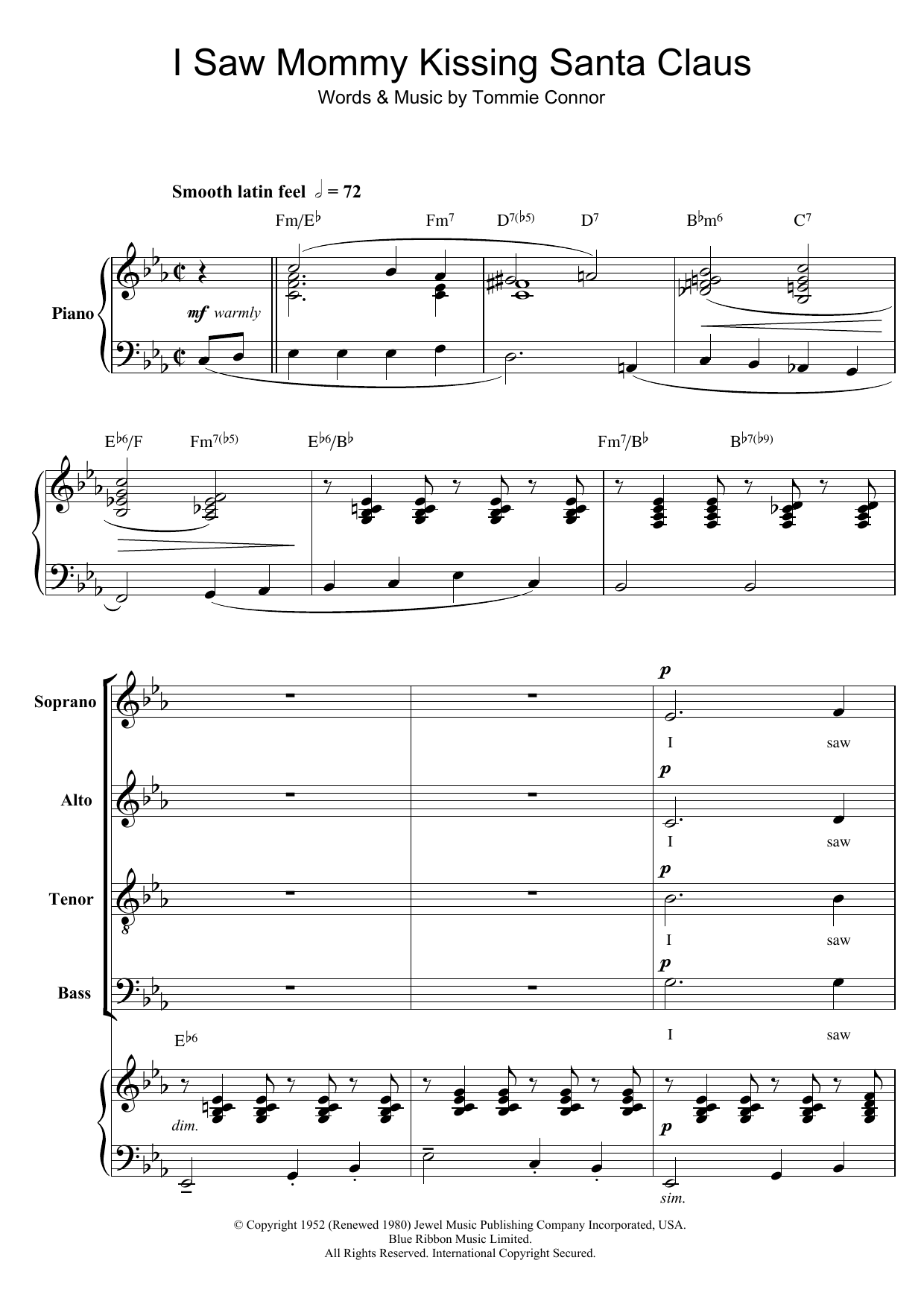 Download Tommie Connor I Saw Mommy Kissing Santa Claus Sheet Music and learn how to play SATB PDF digital score in minutes