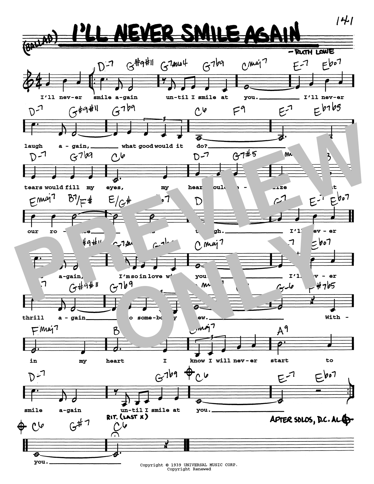 Download Tommy Dorsey & His Orchestra I'll Never Smile Again (Low Voice) Sheet Music and learn how to play Real Book – Melody, Lyrics & Chords PDF digital score in minutes